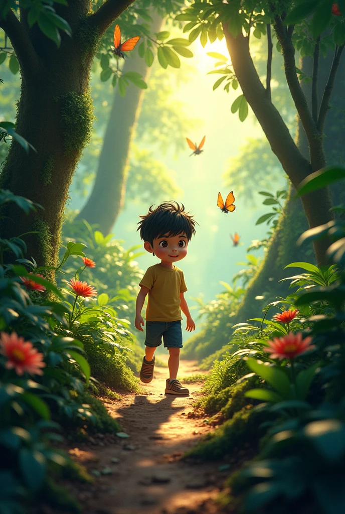 A young boy named Alex wanders through a dense, sunlit jungle, surrounded by vibrant foliage and the sounds of chirping birds and rustling leaves."