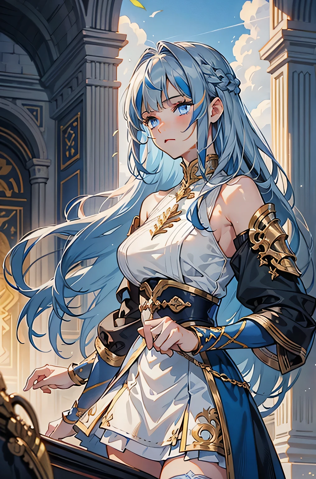 1 girl, Beautiful elf lady, begie blue Long straight hair, upturn elf pointy ears, sexy figure, charming cleavage, very beautiful face, detailed face, delicate eyes, detailed pupil, beautiful and delicate lips, pale skin, Serious, arrogant, absurd, gorgeous detailed dress, royalties, celebration, elegant, Noble, Bare shoulders, small crystal earrings, hand drawn animation, high detailed, palace banquet hall, symmetrical clothes, best quality, masterpiece, Fair,