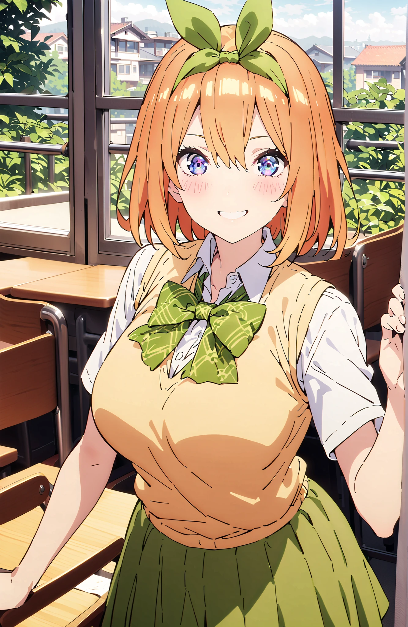 score_9, score_8_up, score_7_up, 中野四葉, solo,bungs, short hair, blue eyes, hair between eyes, hair ribbon, headband, orange hair, (green ribbon:1.5), smile,blush,grinning,Big Breasts,
in their 40s skirt, shirt, bow, ribbon, uniform, white shirt, short sleeve, green mini pleated skirt, collared shirt,bowtie, black socks, loafers, green bow, sweater vest, green ribbon, (yellow sweater vest:1.5),Holding a green bouquet with one hand,standing,curtains,window,machine,chairs, Flower blowing snow, Beautiful Streetscapes,
in their 40s indoors, Classroom,
in their 40s looking at viewer,full body,
in their 40s (masterpiece:1.2), Highest Quality, high resolution, Unity 8k Wallpaper, (Illustrations:0.8), (beautifully detailed eyes:1.6), very detailed face, perfect lighting, very detailed CG, (perfect hand in h, perfect anatomy),