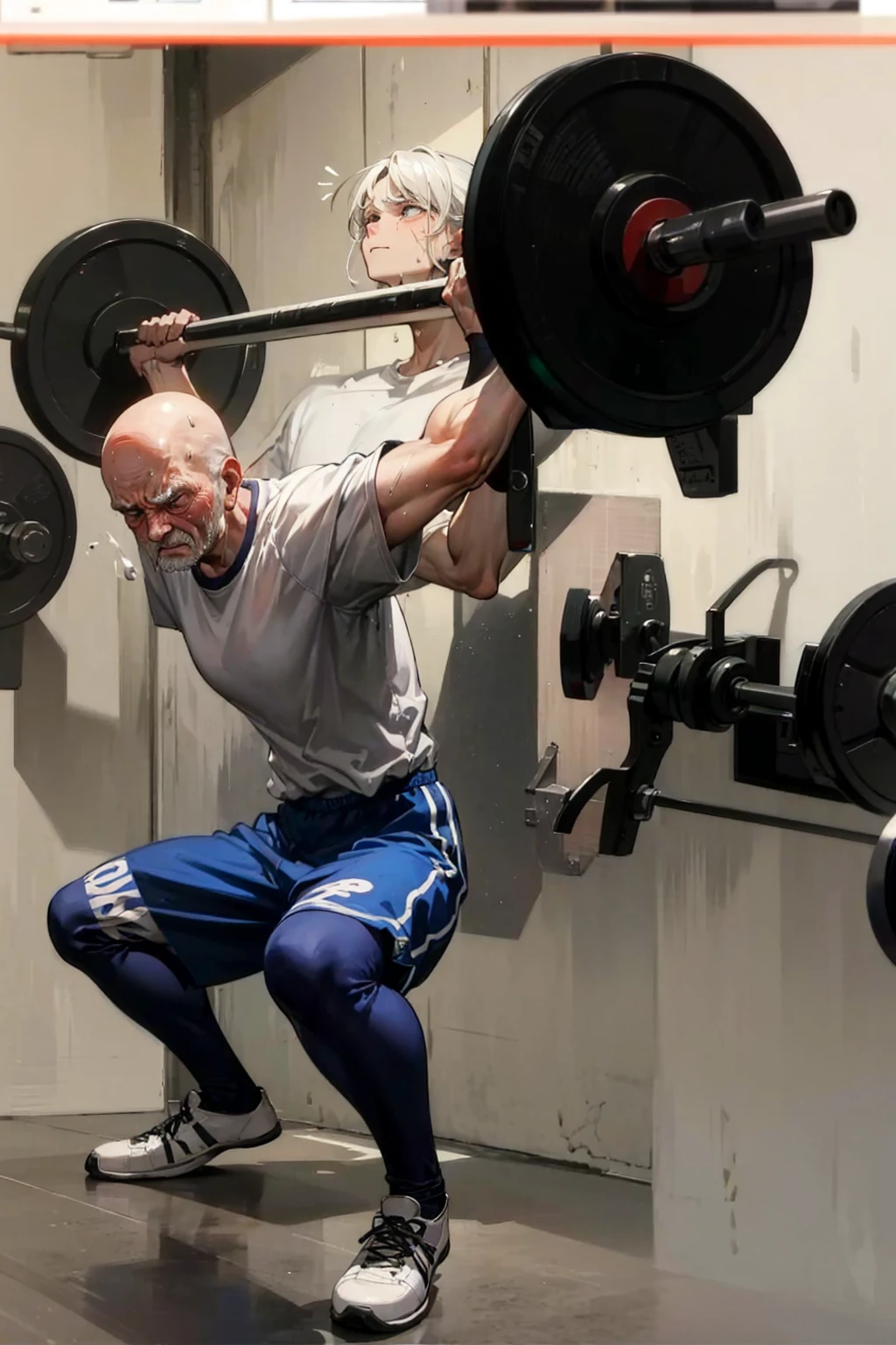 A strong and muscular bald man lifting extremely heavy weights