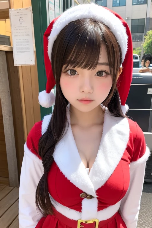 santa hat，Red lace bra，Red sexy panties，white color hair，outside，In the snow，reindeer