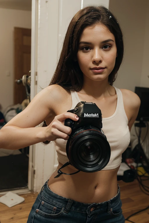 milf, with big body, naughty smirk on face, wearing t-shirt and shorts, camera position from behind, face sweaty, hair tied up