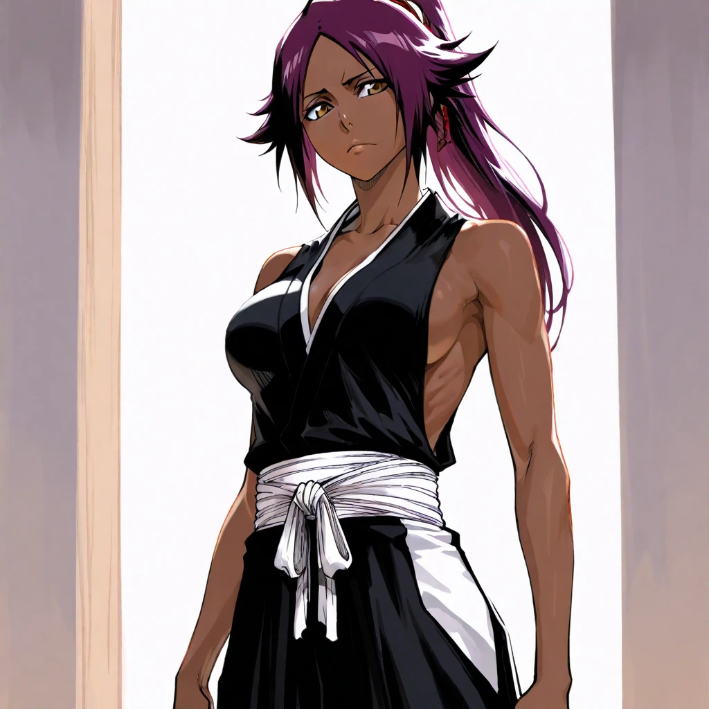 1 woman, yoruichi shihouin, dark skinned, long dark purple hair, ponytail, ((detailed eyes:1.2)), wearing tanktop, sexy, sensual, sleeveless, underboob, masterpiece, top quality, best quality, official art, beautiful and aesthetic:1.2), extreme detailed, colorful, highest detailed
