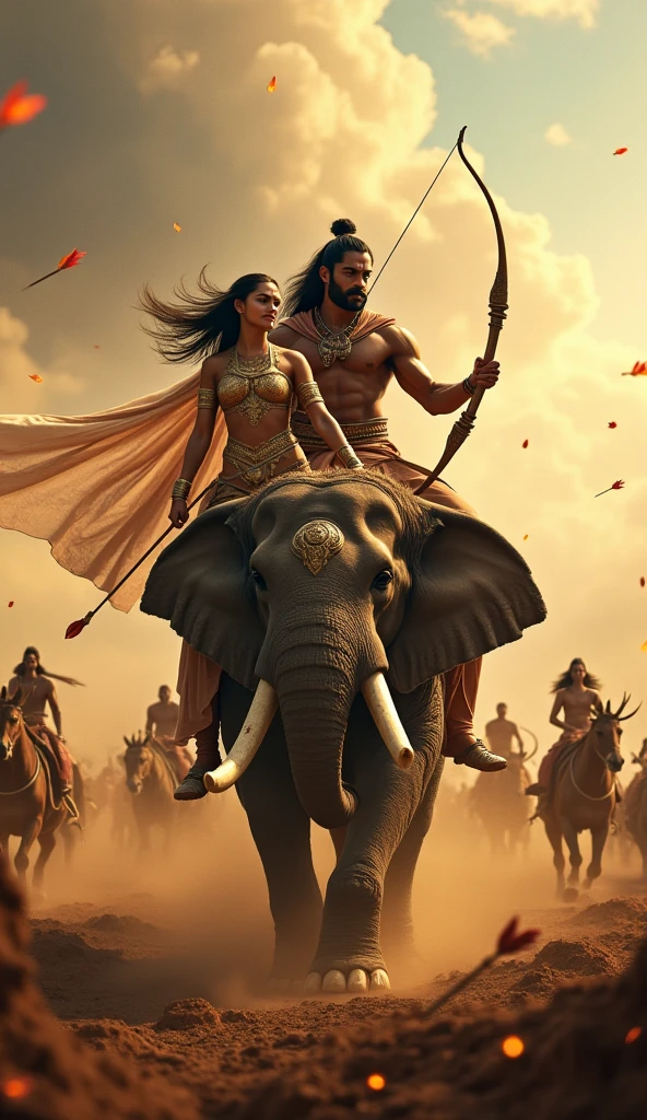 a painting of a couple of people in a crowd with elephants, from ramayan, hindu art, detailed fanart, official art, official fanart, fan art, by Jitish Kallat, accurate depiction, high quality fanart, hindu gods, kiss, highly detailed exquisite fanart, a beautiful artwork illustration, beautiful depiction, festivals, beautiful godrays, fanart