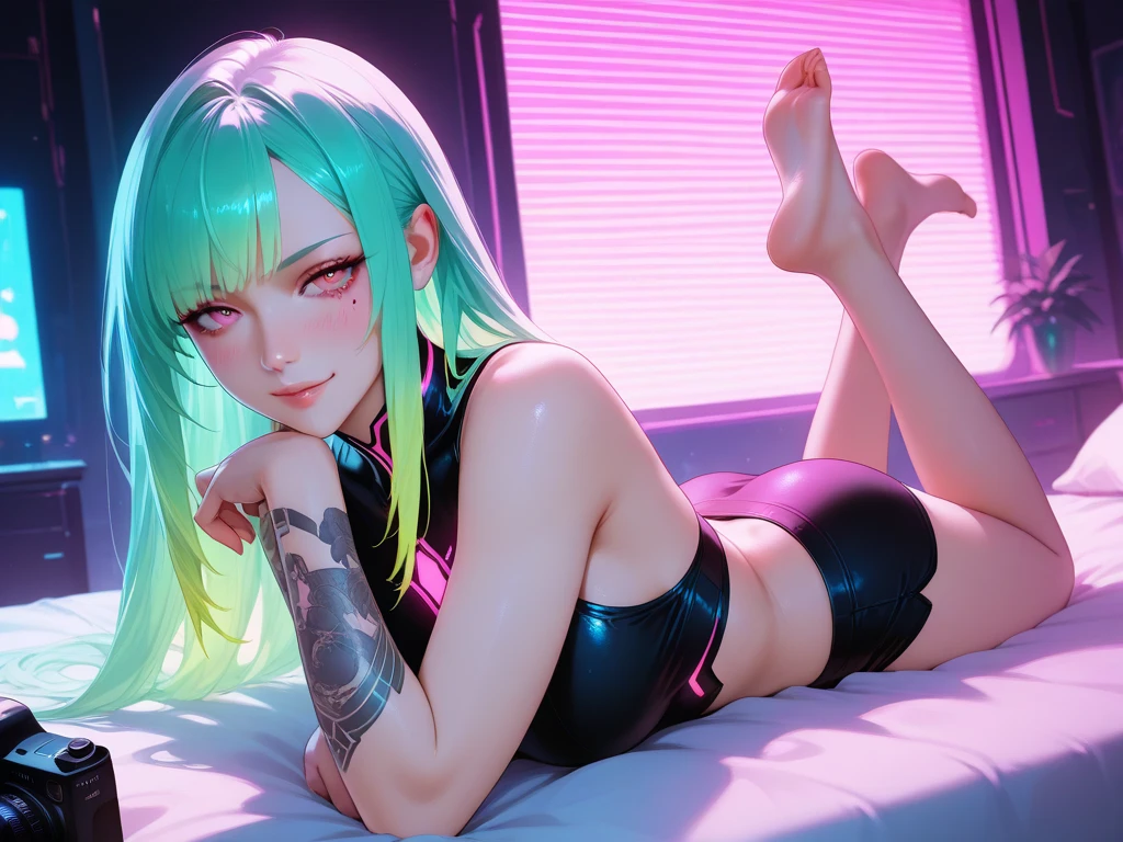 photo, 8k, intricate, elegant, highly detailed, majestic, digital photography, (masterpiece, finely detailed beautiful eyes : 1.2), hdr, realistic, high resolution, (best quality, masterpiece:1.2), ultra detailed, (anime), 1girl, rebecca \(cyberpunk\), twintails, black hairband, mechanical eye, colored sclera, red sclera, colored skin, white skin, leg tattoo, neck tattoo, green hair, red pupils, red eyes, large breasts, lips, nurse, stockings, spread legs, juice pussy, masturbation, bed,