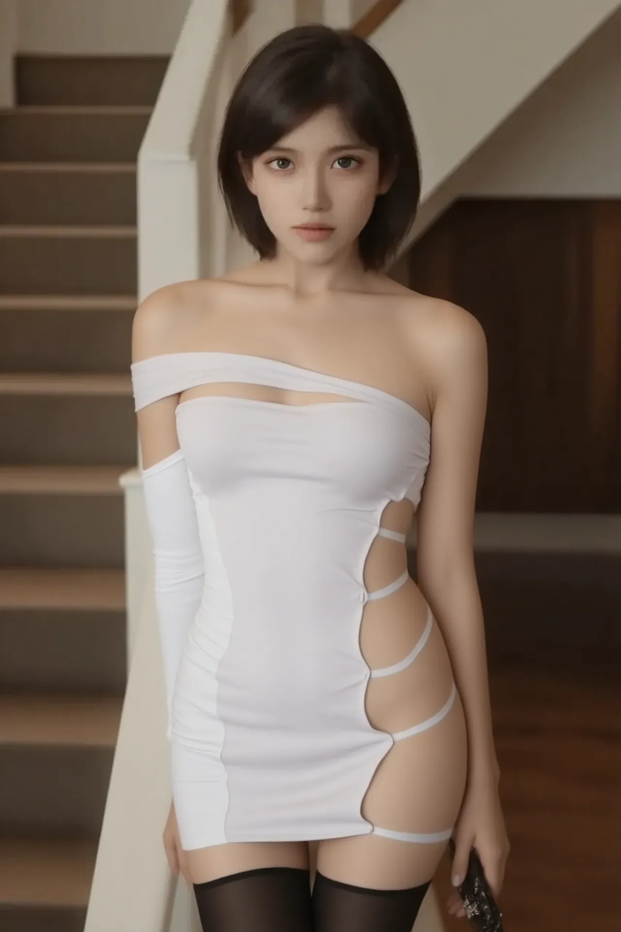 The most beautiful 25-year-old women, Exquisite body with large breasts, Tespero, Winking face with tongue out, (((Naked Apron))),((Maid style apron)), Detailed lips, Beautiful Eyes, double eyelid, Huge breasts, Dark brown short hair, Thighs Thighs, Are standing, (Photorealistic:1.4), (Best image quality:1.0), (Ultra-high resolution:1.0), 8K, RAW Photos, (masterpiece), Inside a maid cafe in Akihabara、Beautiful toes、(((Eating chocolate cake)))