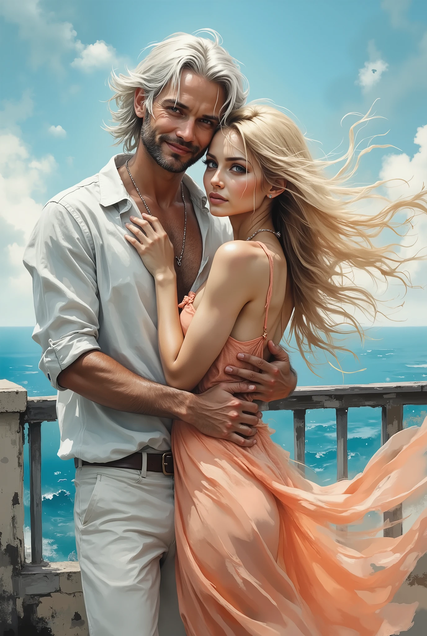 A realistic combination of digital art and painting style, the image of a handsome man with tanned skin, bright blue eyes and very long straight white hair below his shoulders. He's dressed casually and smiling sweetly. His long straight white hair is blowing in the wind. He stands on the balcony, against the background of the ocean. He is wearing white linen trousers and a white linen shirt with the sleeves rolled up to his elbows. He is hugging an incredibly beautiful young femme fatale, a blonde with long golden hair and blue eyes. She is wearing a light summer dress in a beautiful peach color, her shoulders, back, deep neckline are open, a long skirt flutters in the wind, and high-heeled sandals. The image has bright highlights and detailed details. The image is airy and mystical. romance. They are in love, happy.