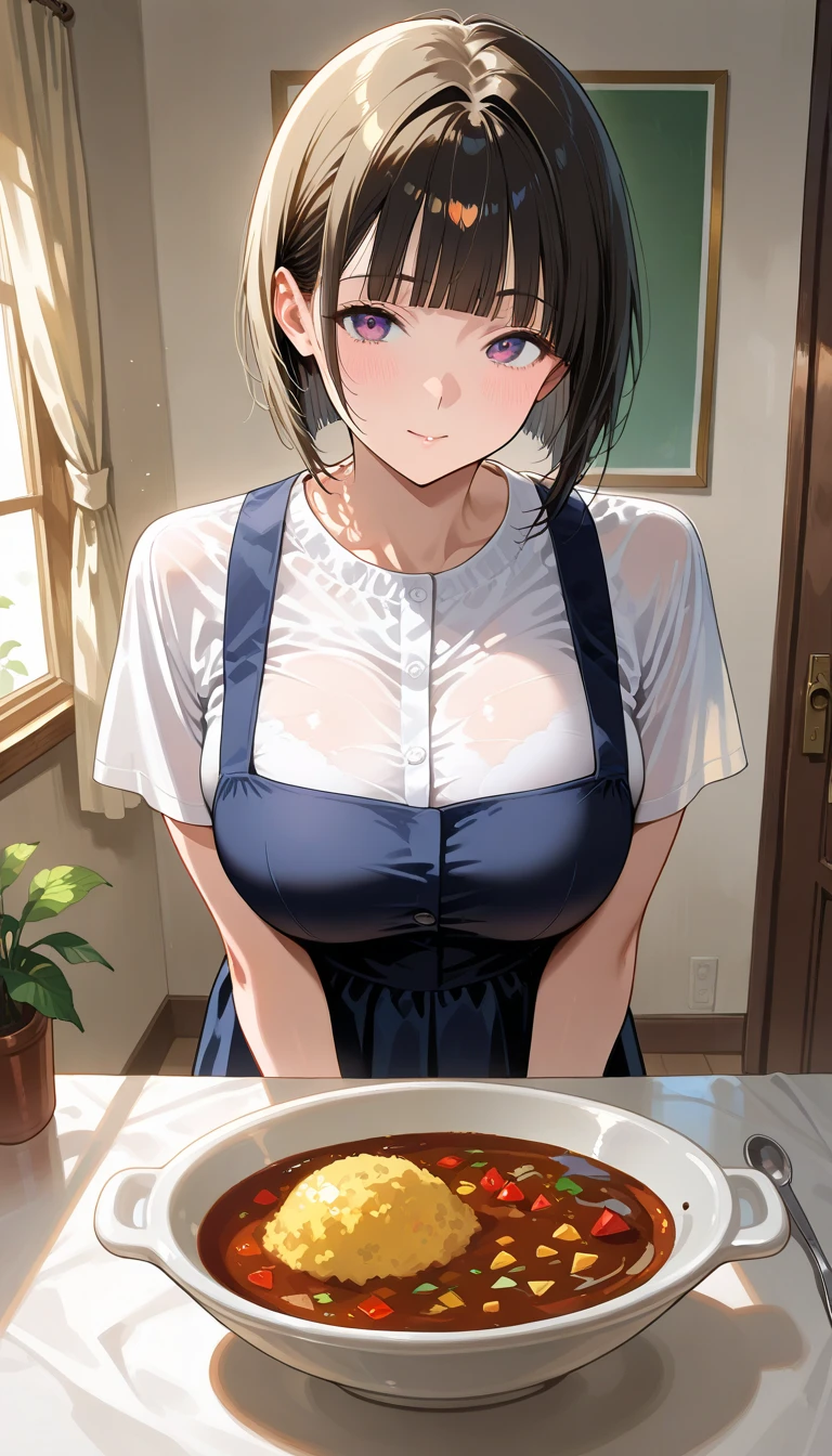 1girl in、toddlers, a smile、Cooking in your room、barechested、Wearing only an apron、((small tits))、(nudde:1.5)、