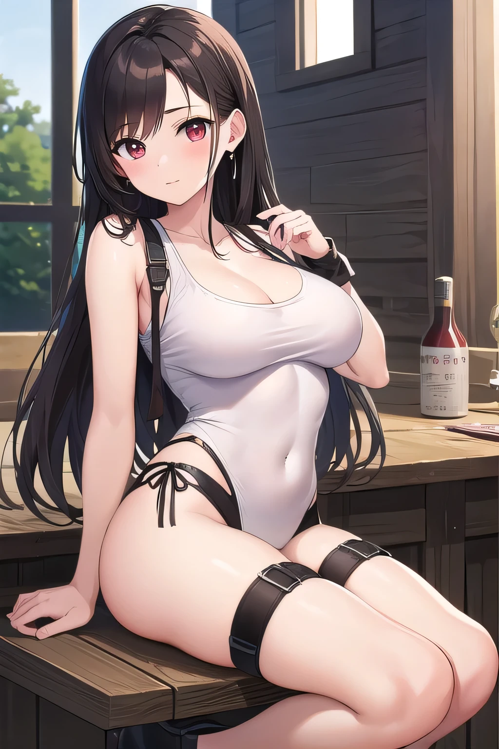(masterpiece), Tifa lockhart, white micro bikini bra, black leather miniskirt, white micro panties, black thighhighs, black long hair, red eyes, in a tavern, toned body, visable stomach, ahegao, white pale skin, finacial domination, money in hand, stack of cash in hand, being forced to pay a male, solo female, male behind,  taking her money