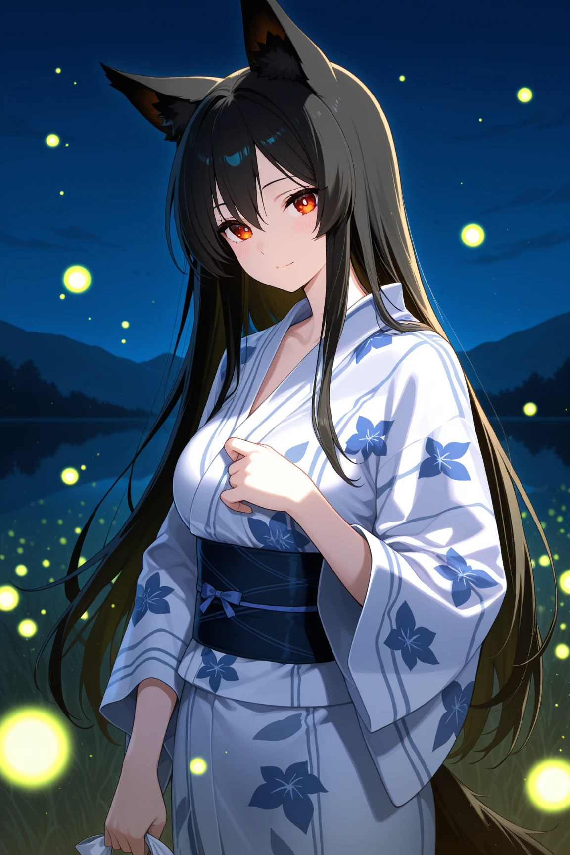 masterpiece, illusion, real, highest quality, night, cloudy night, oborotsuki, ((firefly)), ((countryside)), (countryside), river surface, adult woman in yukata, thick evening fog, flowing evening fog, dry ice, thick fog, confession, regret, loneliness, long black hair, hair luster, after rain, whole body, overhead, sink lantern, sadness, separation, memories, thoughts, distant thunder, lightning