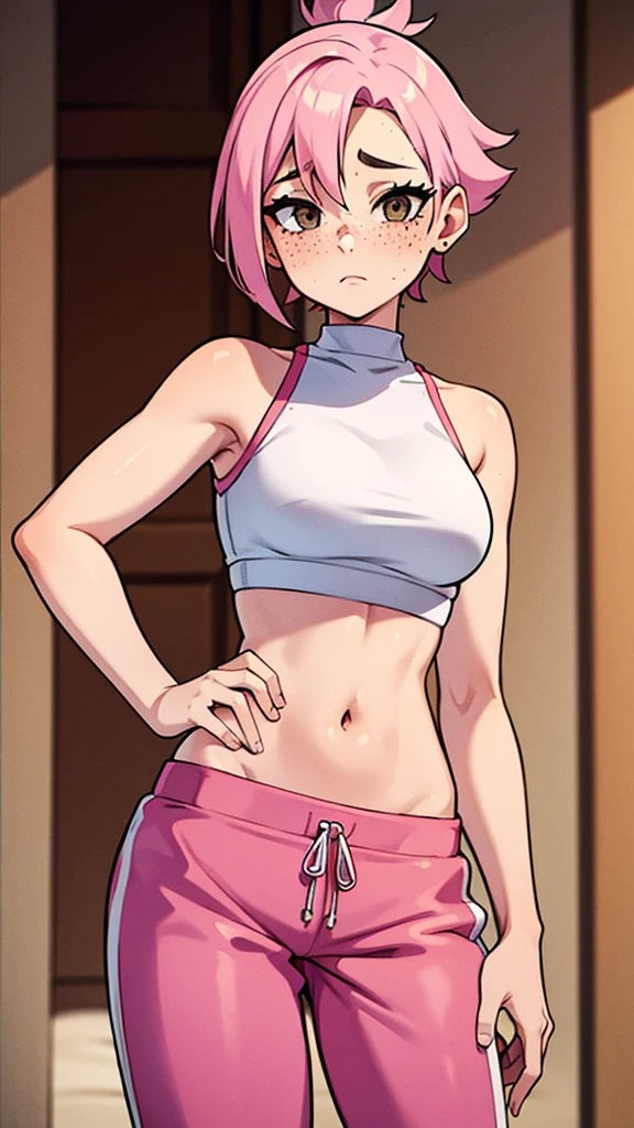 Woman in crop top and sweats, pastel pink hair, brown eyes, freckles, cute expression
