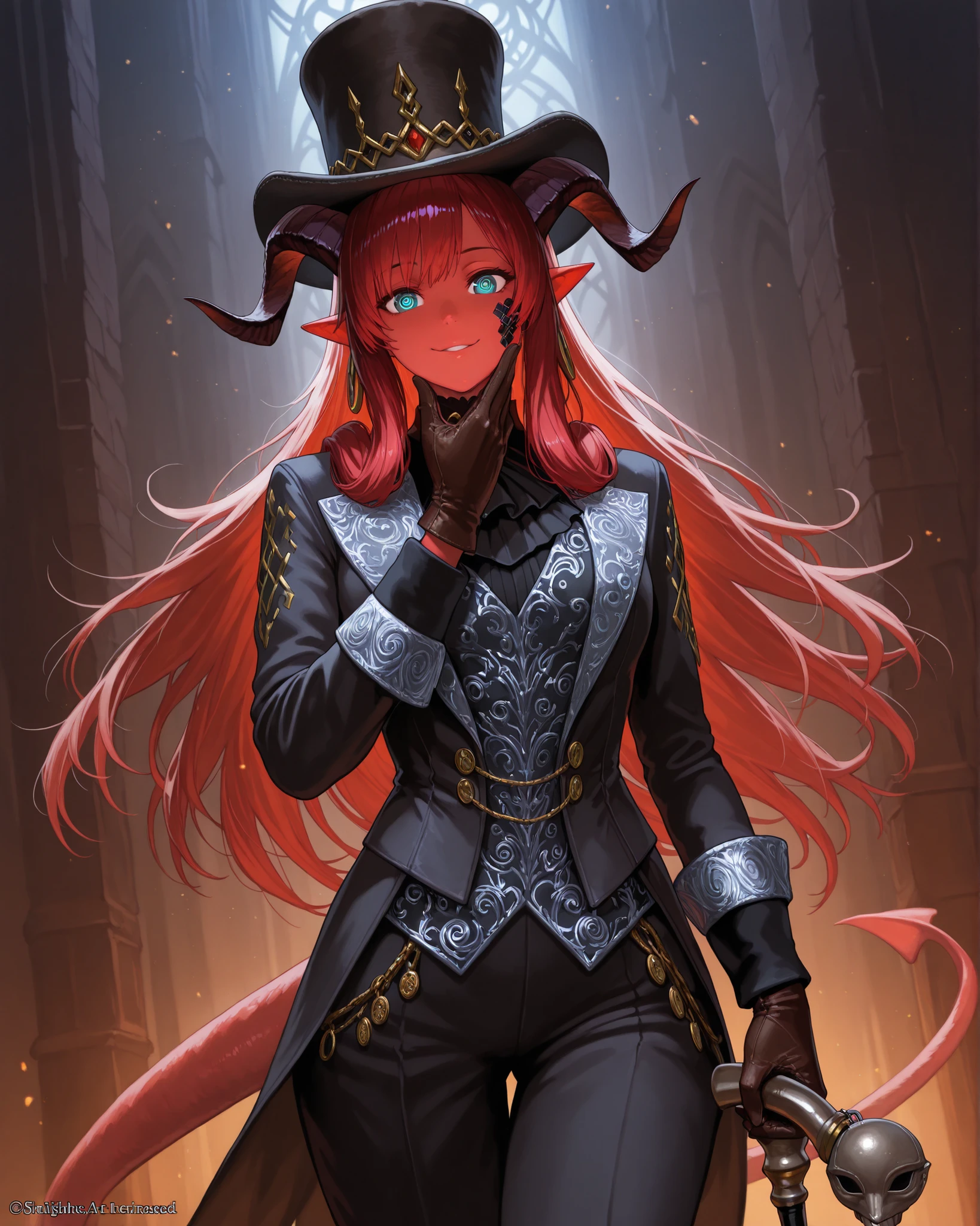 A highly detailed, dark fantasy portrait of a male Tiefling warlock of the Great Old One, dressed in elegant, aristocratic clothing. He wears a black tailored suit with silver embroidery in arcane patterns, a tall top hat with a strange symbol — a drop next to a cylinder — etched into the brim. His face is covered by a sleek, sinister mask (either full, sculpted with a disturbing permanent smile. Behind the mask, spiral-shaped pupils glow faintly in the shadows. He holds a cane or wears gloves, exuding charm and menace. His expression and posture are theatrical, like a performer or prophet of the void. The background is filled with swirling fog and abstract, eye-like shapes. The atmosphere is otherworldly, stylish, and unsettling. Cinematic lighting, high detail, baroque dark fantasy art.