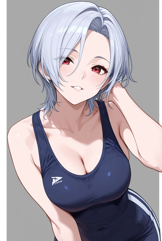 Anime girl in a black sports bra and white shorts、Silver Hair、Short Hair、blue eyes、solo、Big Breasts、Girls with very large breasts、sports bra with an black、shorts with an white、rogue anime girl、Gap Moe Yandere、Enchanting anime girl、Sweaty skin!!、 Attractive anime girl、Anime Moe Art Style、Toned body、Tall Girl、