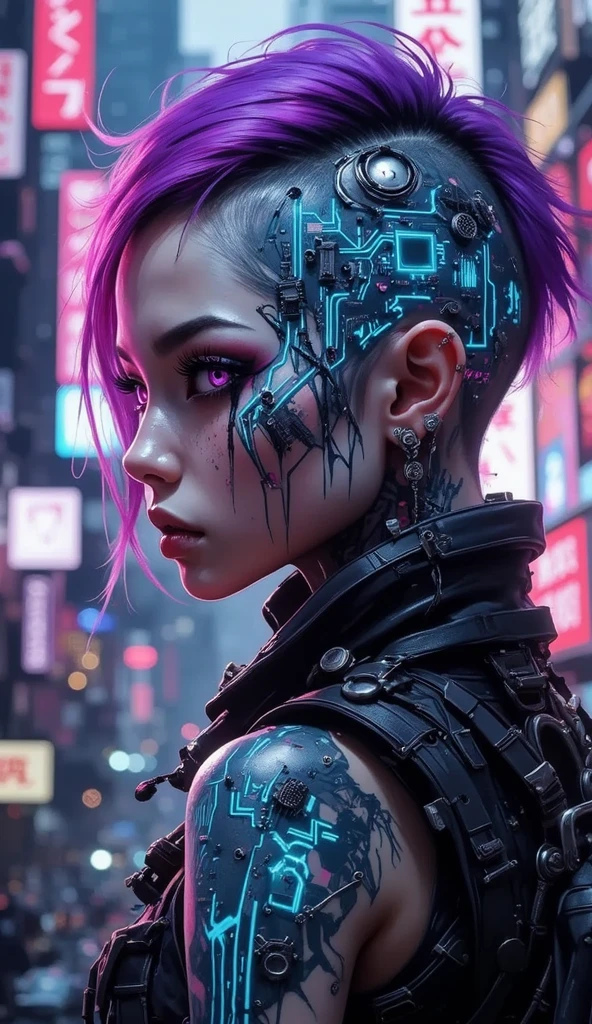 "Create a vibrant portrait of a young woman with strikingly dyed hair ...