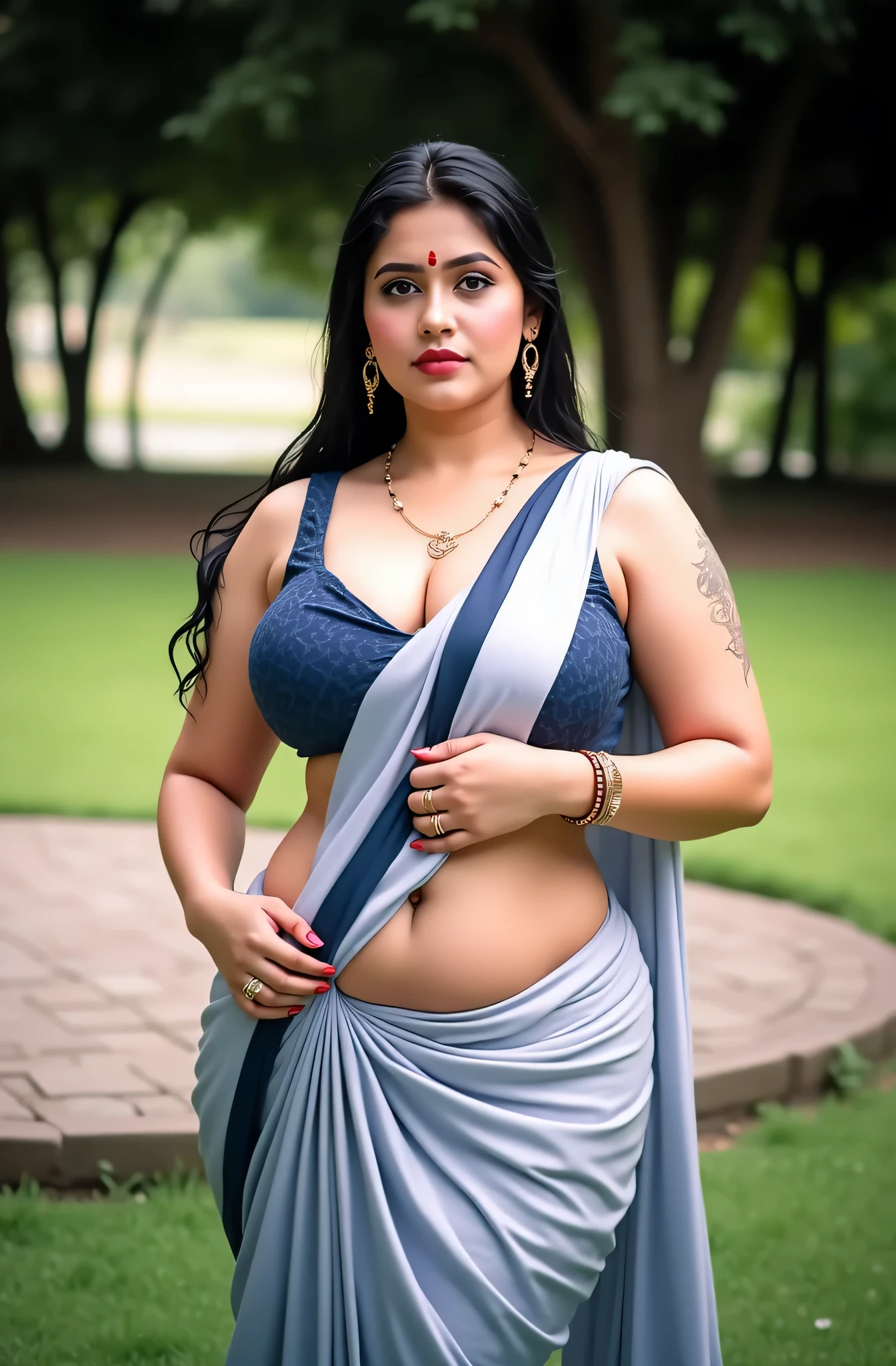 Young indian woman is wearing a full saree, village forest hut, blouse less saree,large ,big sexy chest,big ,detailed body and face, big bright eyes, charming, sexy, perfect anatomy, braid hair, detailed background, 8k, huge chest,tits,milf