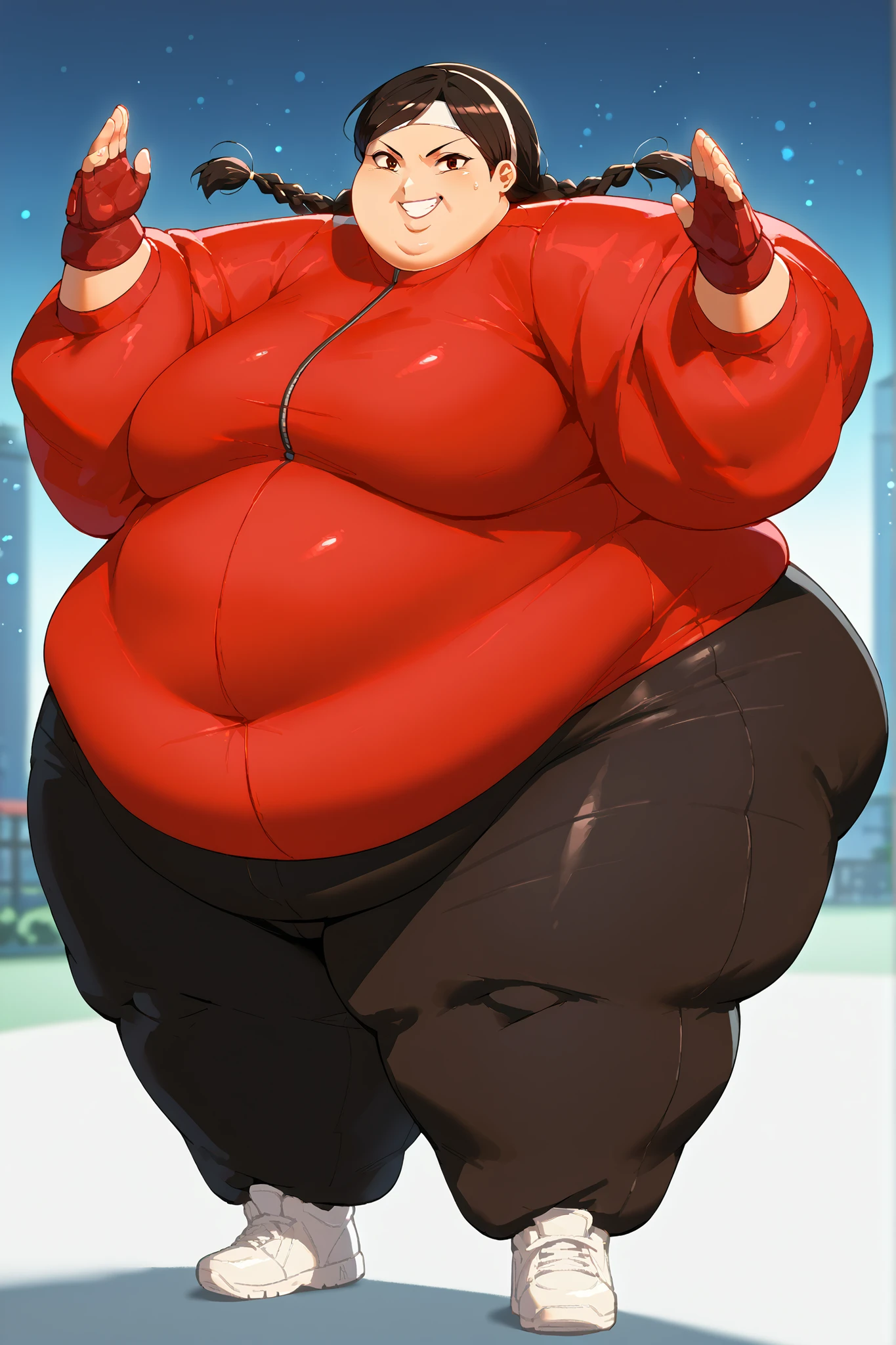 masterpiece, best quality, 1girl, solo, absurdres,
large breasts,
nikki,
black hair, brown eyes, twin braids, dark skin,
dougi, sneakers, spandex, headband, fingerless gloves
high up, standing on one foot, poised before executing a spinning kick, cinematic angle, smile,
attack, fighting stance, full body, fat,SSBBW
city,
glowing, light particles,
blurry background,
embedding:SmoothQuality,