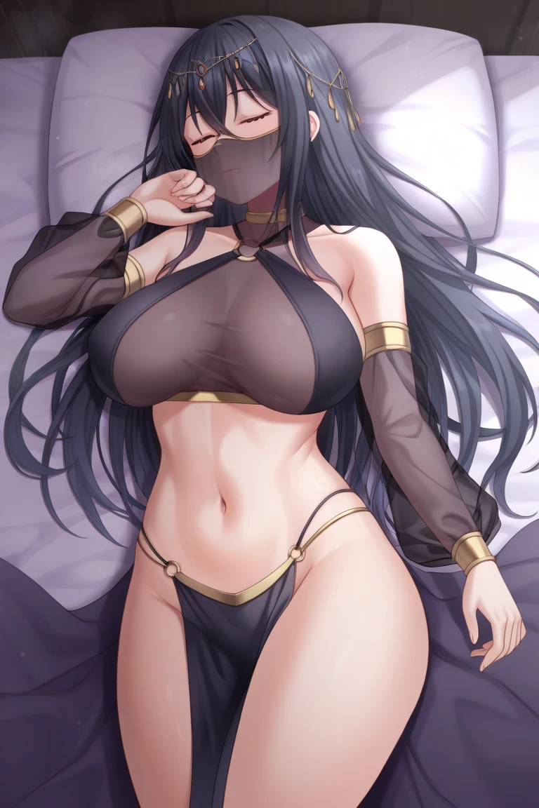 nsfw, (A beautiful but evil older concubine with soft, big breasts who uses her ultimate tit-fuck technique to turn the king into a nymphomaniac and wastes the national treasury as she pleases, ruining the country., A thin nightgown dress that lets your skin show, dark red lips, makeup, Evil and lewd laughter)、A shot from above of her lying down in a sexy pose on a large luxurious bed、A bedroom covered with many thin, fluttering veils, looking at us