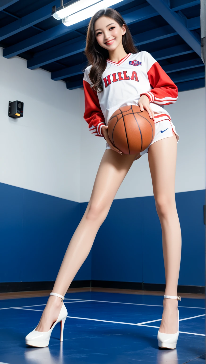 1 girl standing, wearing basket ball jersey, no underwears, hyper detailed, ultra-realistic, holding a basketball, 23 years old, long hair, sexy looks, big breasts, big butt, wearing very short sport shorts, long socks, basketball shoes, posing at basketball court, perfect sexy body