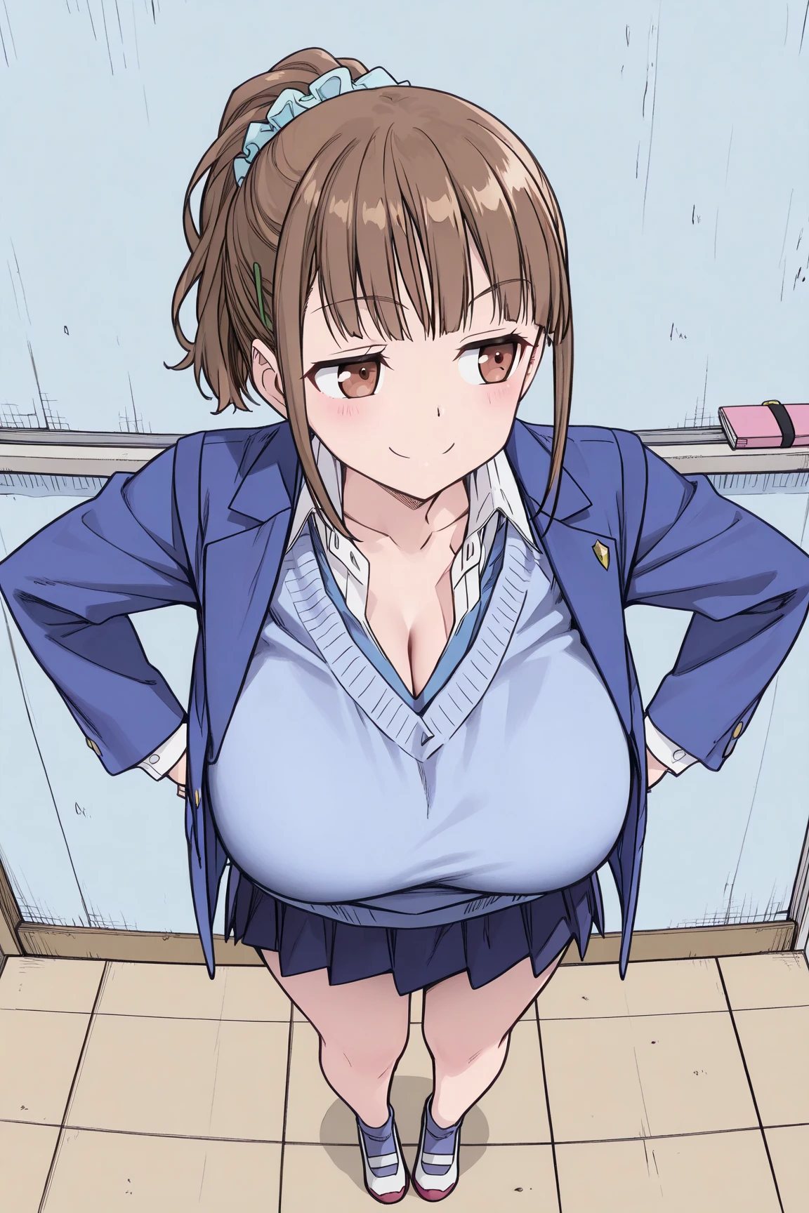((masutepiece, Best Quality)),Best aesthetic,1girl in, School uniform, desk work, Sitting, School Desk, Brown hair, crass room, Long hair, Indoors, Chair, Looking at Viewer, :P, Solo Focus, Brown eyes, Skirt, Long sleeves, Pencil, 1 boy, pencil case, paper, black serafuku, Multiple girls, Pleated skirt, Sailor collar, Bangs, head rest, School bag, school chair,huge-breasted、bbw、thick thight、big butts