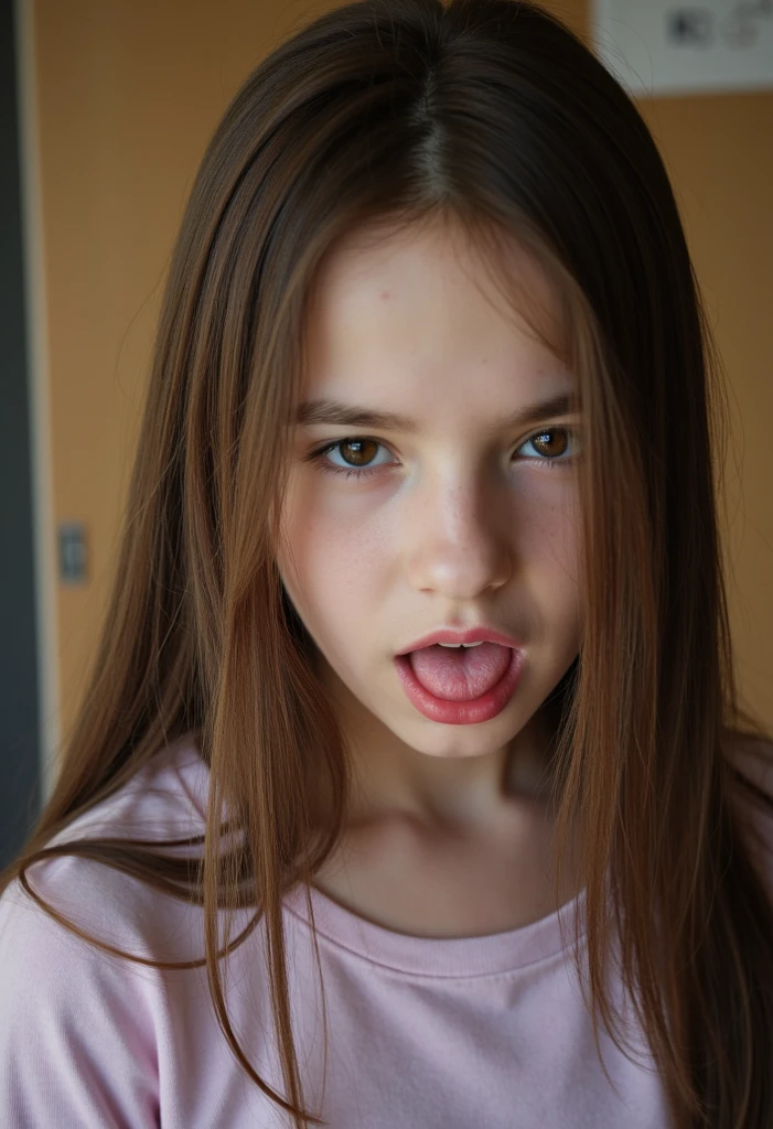 ((Best Quality)), ((Masterpiece)), (detailed), 1 girl, unclothed, body and basic school appearance, real age 18 years, sticking out tongue showing her vagina