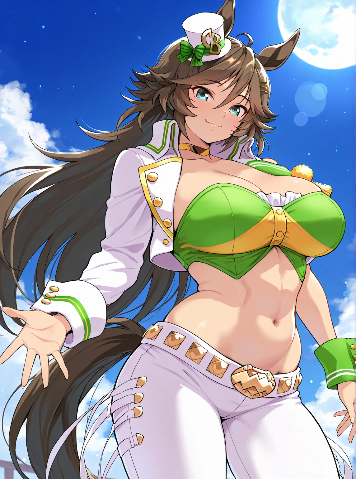 masterpiece, highest quality:1.2), umamusume, One Woman, alone,Shiny skin, 非常に非常にHuge breasts、Thick legs、とてもHuge breasts、Huge breasts、Are standing、Composition from the front、Smiling、Shorts、bikini、Take off your jacket