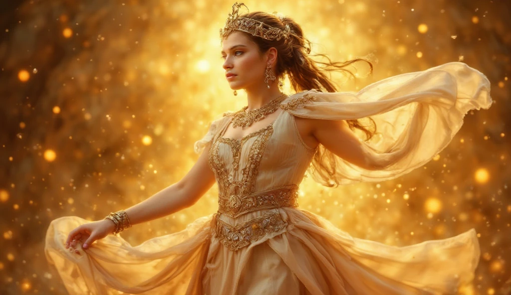 A brilliant image of Metis, the Greek goddess of wisdom, standing in a translucent temple filled with golden light. She wore a white chiton dress with a silver and gold cat owl pattern, Symbol of wisdom. The serene face shines with wisdom, deep eyes sparkle tenderly. Wavy black hair crowned with bay leaves and stars. One hand holding a glowing scroll of paper signifying knowledge, with the other hand holding the faint prophetic orb. The background is a starry sky and clouds suggestive of Zeus, allusion to tragic fate. fanciful, high detail, 4K, Classical Greek Renaissance art style