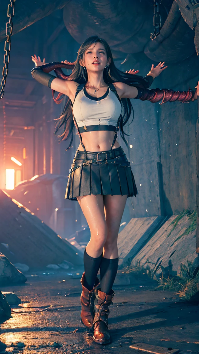8k,masterpiece, bset quality,huge tit、(1girl in、tifa lockhart、red_eyes、black hair、long hair、Flapping hair, Adult beauty、shinny skin、Shiny big)、 ((top-quality))、 Crisp focus:1.2、Highly detailed facial and skin texture、A detailed eye、face perfect、perfect bodies、art by、CG、Blur the background、Big breasts with a strong presence、(20yo,Mature cool and beautiful face、elongated eyes)、wear ((Suspender Black Skirt)),(( Black Elbow Gloves,White taut shirt、Thigh、white tank tops、Ankle Boots、Red boots、a navel、red blush))、upper body、a smile,Professional-looking light source、Fluttering hair、Random angles、 Low waist,thick thight、face lights, Cinematographic lighting、Midgar、The robotic weapons factory of the future、Fighting、Dynamic Actions、looking at viewert