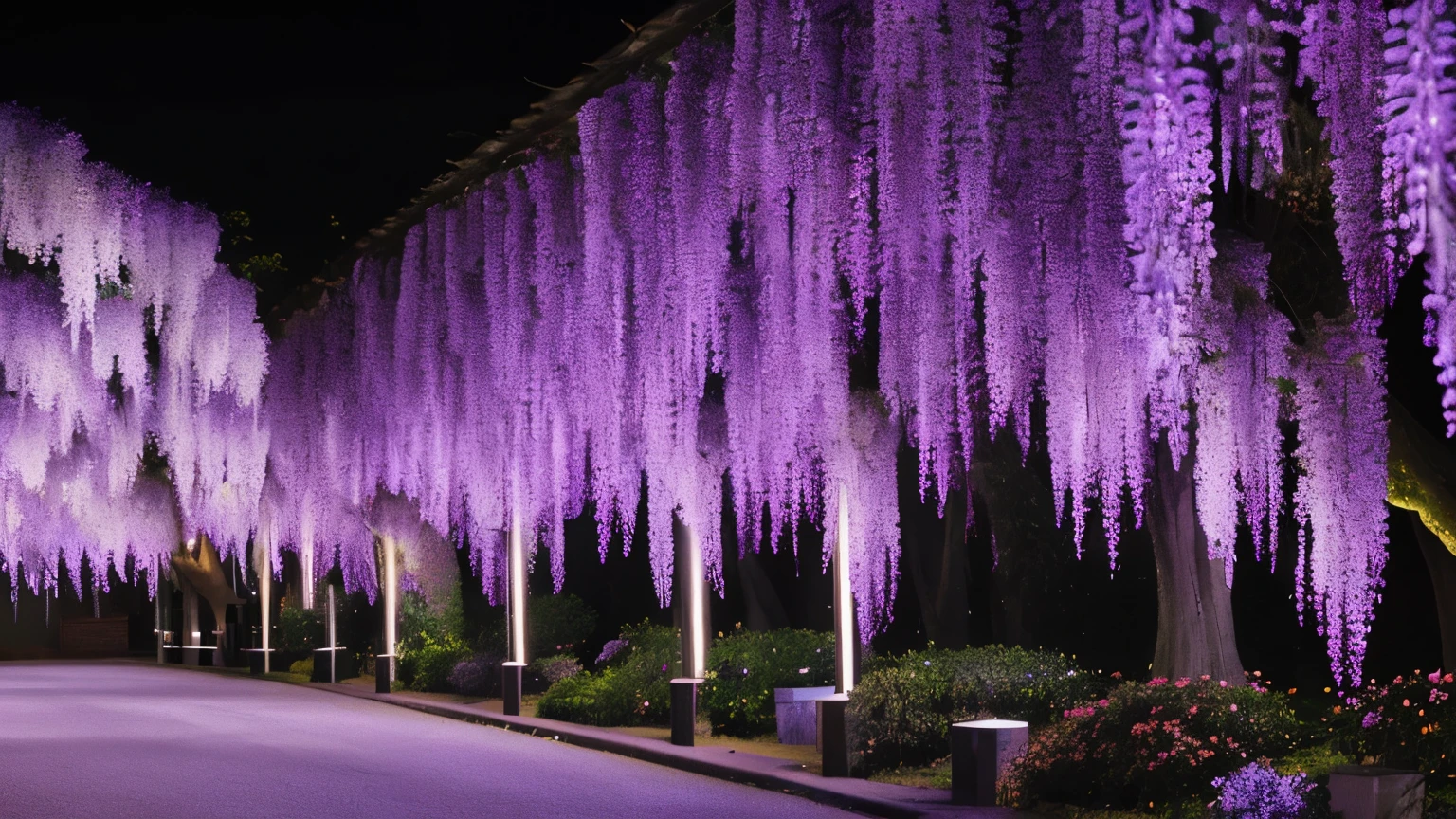 wisteria flower Night light up 16:9 Make it an image 2048 x 1144px
