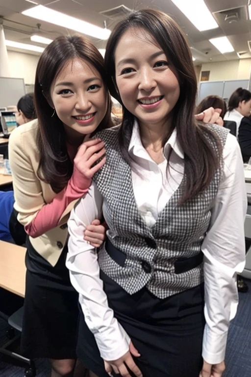 masterpiece,best quality, (1 milf), ((middle shot:1)), ((cross arms)), glare, gray blazer, white shirt, double eyelid, eyelash, lip gloss, (smile:1), ((close eyes:0.85)), ((open mouth:1)), ((Looking at Viewer)), RAW, (from above:0.2),