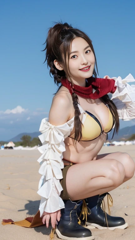 Smile、natta、Raw photography、(((Ultimate Beauty Portrait)))、((glistning skin))、1 girl、15 year old beautiful girl in Prague、bright expression、((brown haired))、(cleavage of the breast,slender waist,abs,zettai ryouiki:1.35)、((Big eyes that shine like jewels))、(female warrior, red ornate metal bikini armor:1.45), (emblems, shoulder armor:1.45), (tiara, circlet, elbow pads, cloak, earrings:1.35)、Glossy glossy skin、((light purple and Black:1.3) short Smooth and silky pigtails hair):1.2),(blunt bangs:1.2)、(is standing)、(frombelow)、eye liner、Beautiful bangs、Hair between the eyes、((​masterpiece、top-quality、Ultra-detail、Film Light、intricate-detail、hight resolution、ighly detailed)),(Droopy eyes, Natural Makeup、Ultra-high definition beauty face:1.35)、(Ultra high resolution perfect beautiful teeth, Mid-chest, Tight waist, toothy smile:1.15)、Ultra HD Shining Eyes、Super high quality glossy lip,(standing on the beach with high waves:1.35)