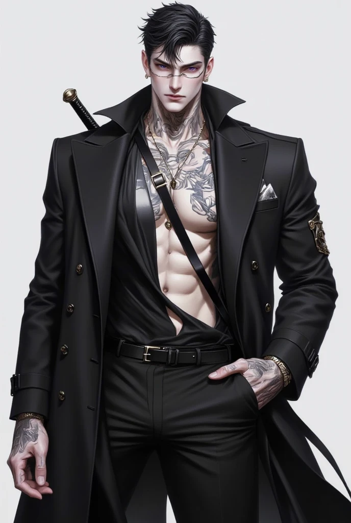 madara,jaqueta aberta preta ,black pant, tatuagem no peito ,neck tattoo,olhos demoniacos,asas de anjo caido de cor negras