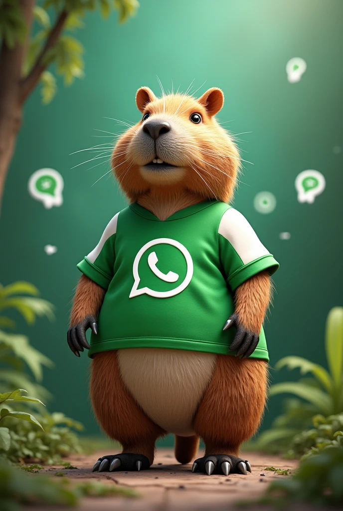 Create a profile picture of a marmoset with a WhatsApp shirt and a WhatsApp cap, add an eye-catching background