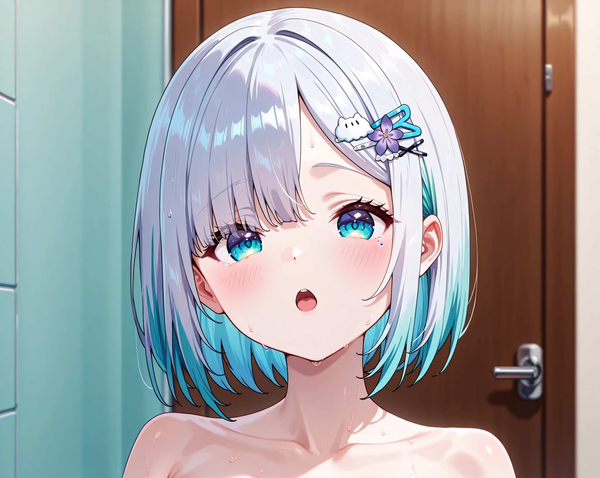 ((best quality)), ((masterpiece)), (detailed), perfect face. Asian girl. Smile. White hair. Flat chest. Short pants. Nipple. Armpit