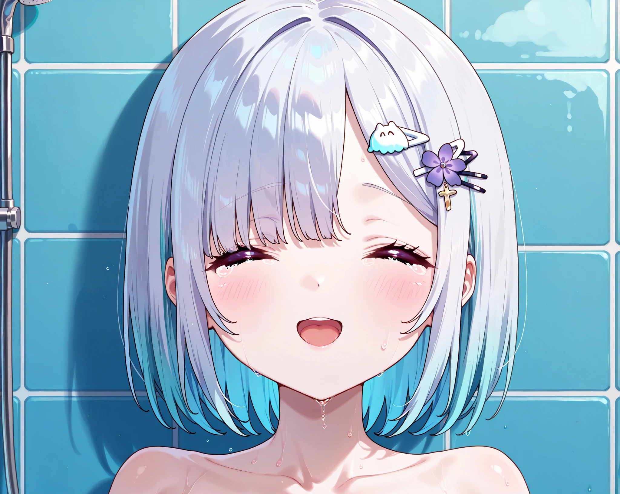 masterpiece,Highest quality,indoor,Ruined classroom,sitting at a desk looking at the viewer,Water is filling up,White tile,Ocean View,noon,blue sky,1 Girl,Halo,Braid,Close ~ eyes,blush,Close your mouth,orgasm,naked,Flat Chest,Focus on face,upper body,pussy, 1man’s face, {{{man suck nipple, man lick nipple}}}, tongue touch nipple, 