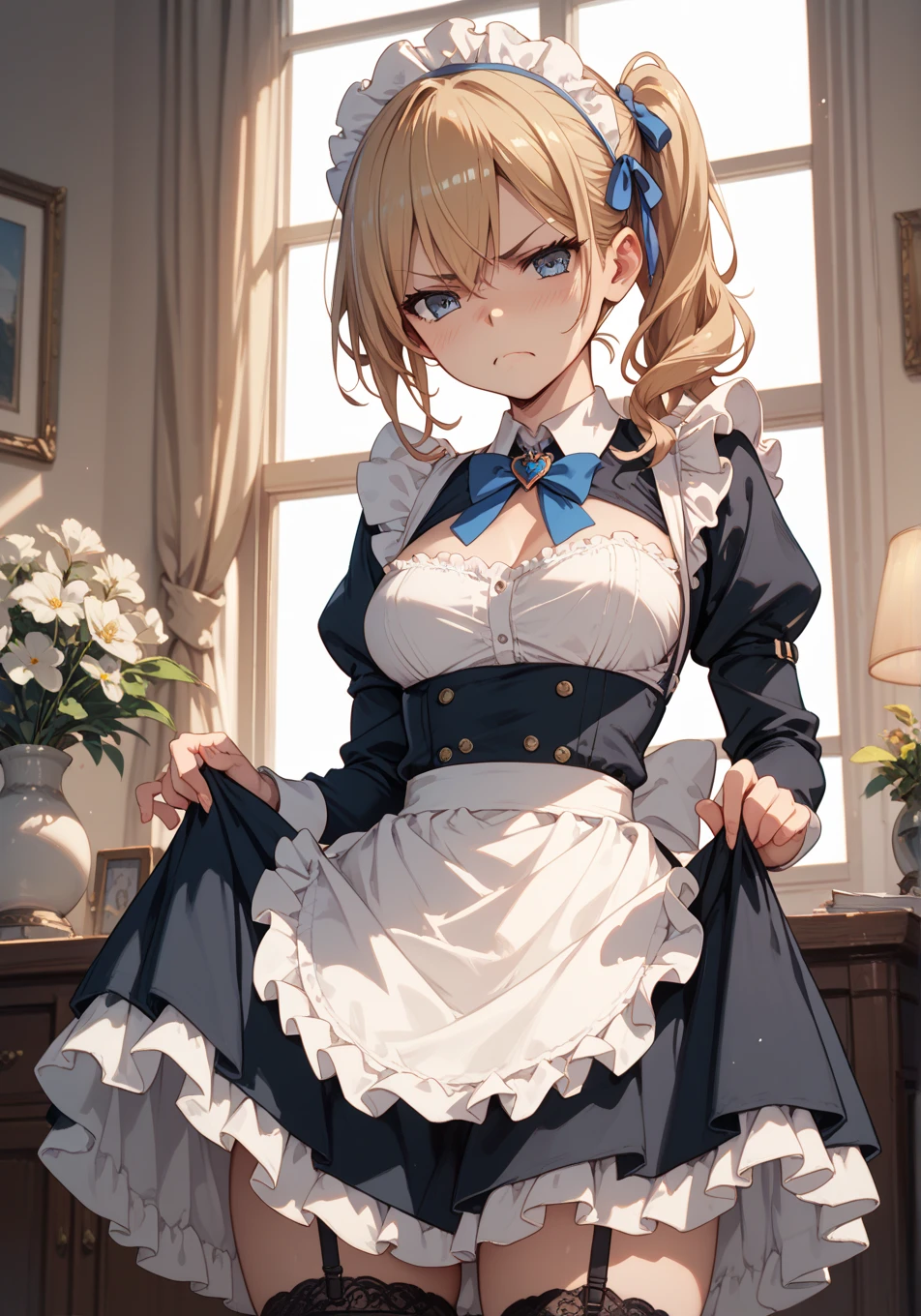 shinny skin, BREAK, ((alice in the wonderland:1.3, cute, kawaii, lovely, funny, a girl falling down from sky:1.3, girl flying in sky:1.4, girl floating in air:1.5, rolling ??????? by wind:1.6, (with sparkling eyes and a contagious smile),open mouth, Looking at Viewer, surprised, putting hands on crotch over the skirts:1.6)), BREAK, ((floating things as follows:1.3, PlayingCards, ?????, tea cup, tea pot, tea spoons, pocket watch:1.3, lip sticks, candies:1.2, cookies, jam bottles, classical door_keys)), ((long purply_Blue dress :1.5, wearing long flaired skirt:1.3, the skirt is blowing:1.3, cute pink Apron, black stocking:1.2,garter stocking, cleavage:1.2, midriff, black shorts, black thighhighs, thigh strap, medium long platinum-blonde hair:1.2, twin tail hair:1.6, tied hair with a large ribbon), (Blue eyes, bright pupils with highlights, detailed eyes),