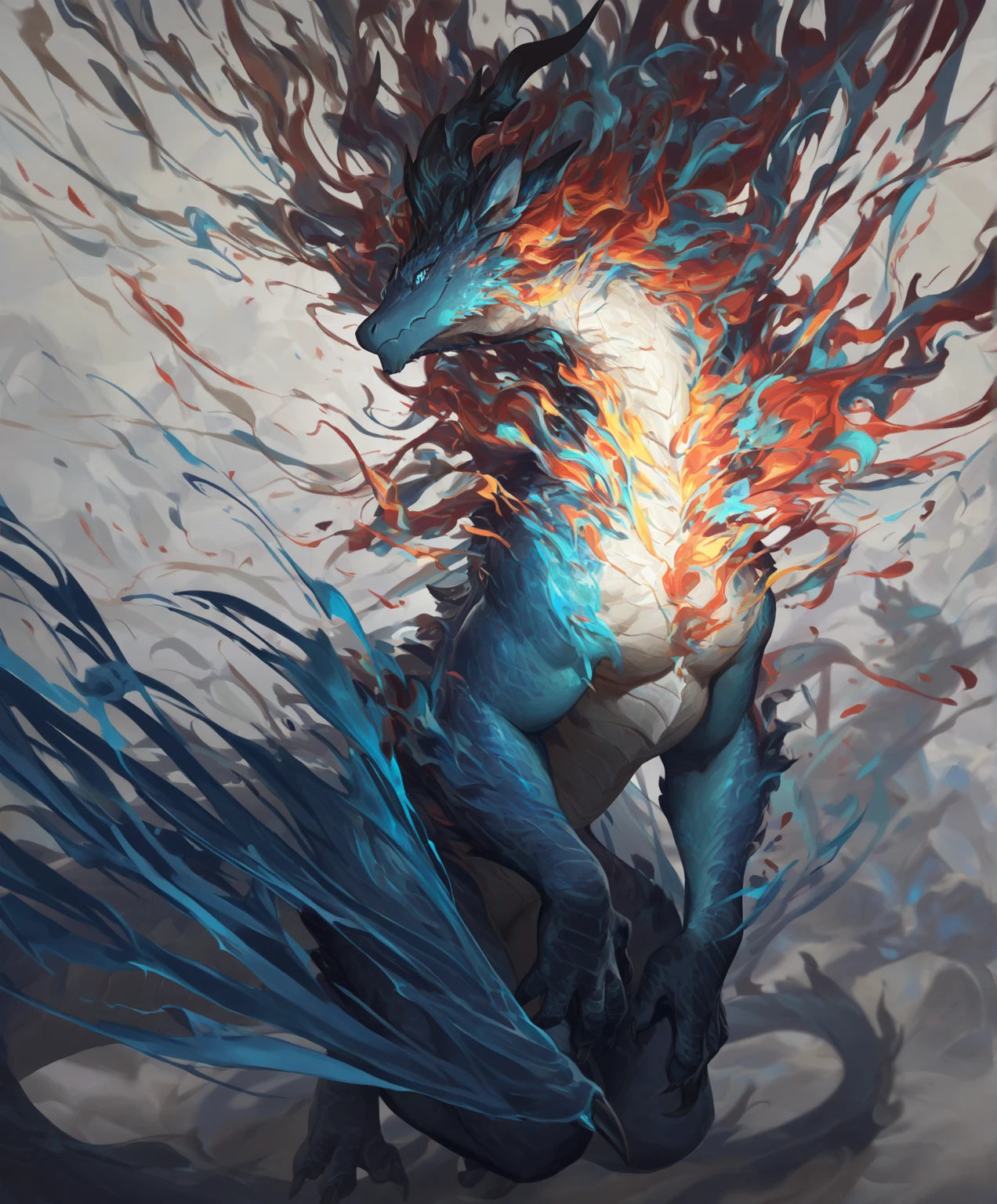 It depicts a muscular girl with pitch-black tanned skin. She exudes an alluring and seductive atmosphere. She is smoking a cigarette, which enhances her bewitching beauty. If she is carrying a weapon, it does not protrude from the screen. Sometimes she has wings on her back, sometimes she does not (depending on her race), and her figure can be seen from above, below, right and left. Viewpoints include full body, upper body, and portrait. The backgrounds are gold, green, blue (main), light blue, yellow, silver, and deep red (sub), which fits her world view. The style is highly detailed like official artwork, and the fan art is extremely detailed, including key art by Kusai Krentz, a popular artist on ArtStation and Pixiv, feminine, Fate, real anime 2.5D, and real anime girl. The image quality is Golden Ratio 1.2, Drawing Board 1.3, and includes absurd, top quality, realistic, hyper-realistic, and ultra-fine illustrations. 64K ultra-high resolution, large file size, beautiful masterpieces. Facial details are extremely fine and lighting is flawless. Resolutions are ultra high resolution 8K:1.2 and high resolution (HD, 4K, 8K, 16K, etc.). Color bit depth is 24 and 48 bits.

On his right arm is a tattoo of a dragon surrounded by blue and red flames, with light reflecting off his scales. On the left arm is a tattoo of a powerful green horse, its mane flapping in the wind. The dragon tattoo is tribal in style, painted in bright blue and red. The horse tattoo is in a realistic style and is represented in warm colors.
