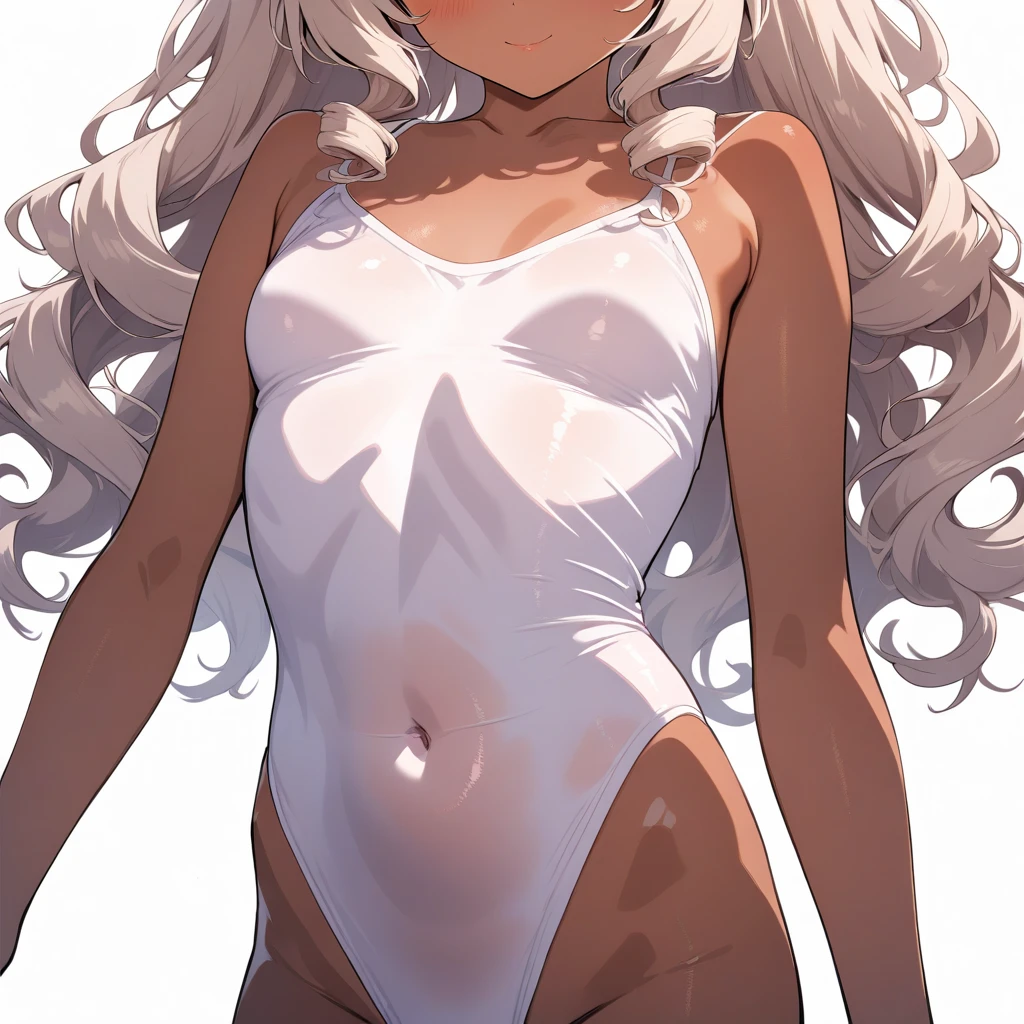 (young girl ,short stature,gyaru) ,flat chest,nsfw,big head, rotund.see-through one-piece-swimsuit,, random hair,