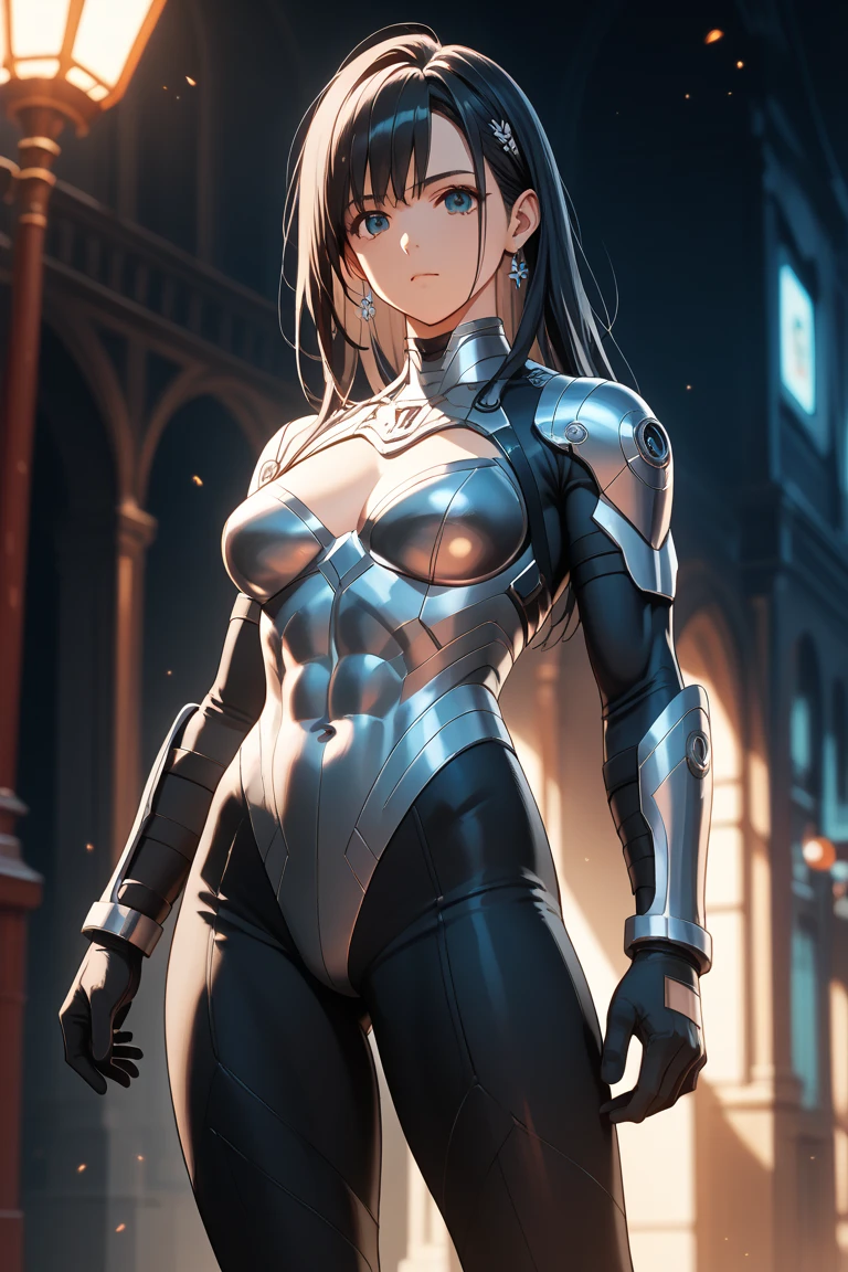 (masterpiece, best quality, detailed), 1girl, solo, looking at viewer, mirabell, dark skin, hair ornament, ponytail,
<lora:mecha_offset:1>, mecha musume,mechanical parts, robot joints,single mechanical arm, headgear, mecha corset, full armor, outdoors, lightning, rain, cloudy sky, wet, storm, wind, fighting stance, clenched hands, legs apart, grin, v-shaped eyebrows