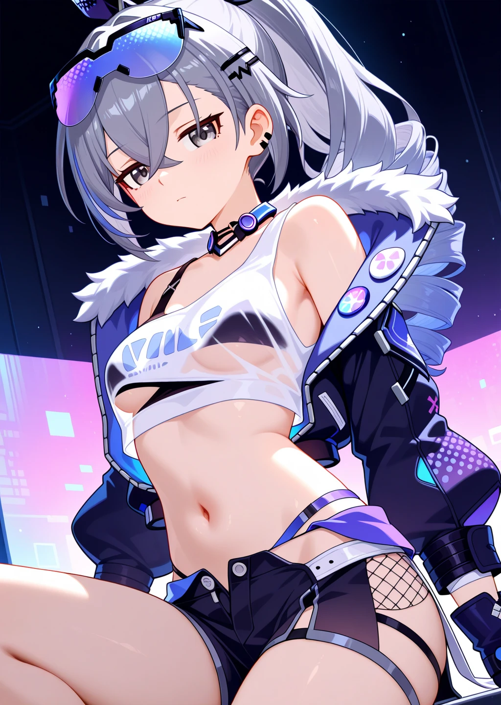 View from below Angle from below up skirt perspiring Hot wet microphone (masutepiece: 1.3), (max resolution: 1.2), (Ultra HDTV: 1.2), cinematric light, Ultra HDTV, (Detailed eyes and skin), (detailed facial features), 8K resolution, Sharp Focus: 1.2, Perfect Style, Beautiful face, acurate, Anatomically correct, Highly detailed face and skin texture, Detailed eyes, Dark-blue eyes, Double eyelids, Thin eyebrows, (Dropped eyes:0.65), (Glitter Eyeliner:1.2), Natural cheeks, (Sweaty skin:1.2), (Fair skin:1.2), shiny necklace and earrings, (Glossy lips: 1.4), BREAK, absurderes, One-person viewpoint, (She a very cute nightclub dancer), (While wearing a white string micro bikini:1.2), BREAK, (Wear a formal jacket:1.3), BREAK, ((Skirt:1.2)), (high-heelREAK, (Sexy smile:1.2), ((18 years old, Very cute and neat girl:1.3)), (high-ponytail Hairstyle, Wavy Hair), ((Dark silver hair:1.4)), Medium Long Hair, BREAK. ((Full body shot: 1.4)), (Looking at Viewer:1.2), ((Dance with your chest sticking out:1.4)), (On the dance stage)), ((There are a lot of spectators around:1.2)), (focus on chest:1.3), (From below), (medium large breasts:1.2), cleavage, ((In a super erotic nightclub:1.4)), BREAK, ((Pink Neon Lights:1.2)), (((Dim lighting:1.3))),Open the foot from the bottom