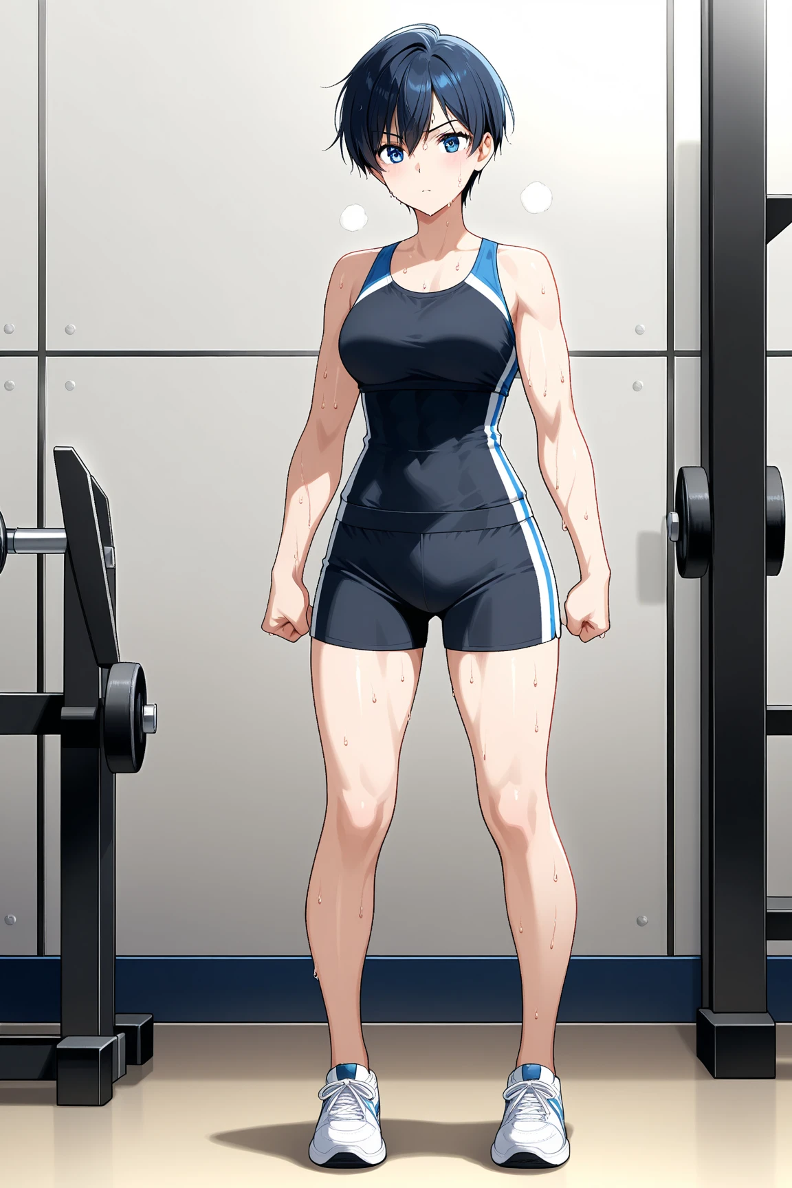 woman at a gym, cute, front Pose, fitness girl, standing, erect Pose, fitness model, skinny, Red sneakers, best qualityer, relaxed arms, hands down, ankle, fullbody view, stand straight with your back upright. Keep your shoulders back and maintain a straight line from your head to your feet.