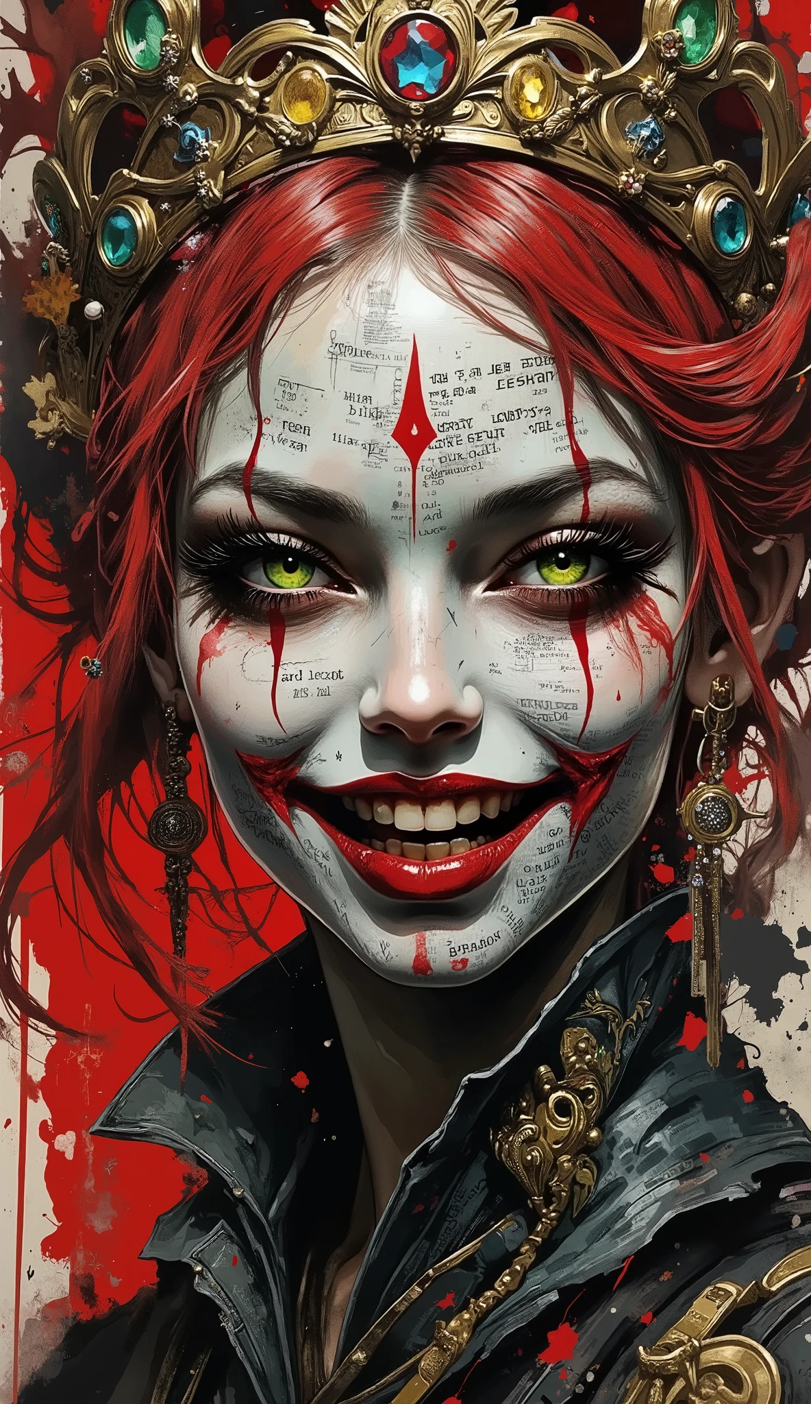 The image is a work of digital art that presents a close-up of the face of a woman with a surreal and artistic style. Her skin is pale , with a texture that recalls that of a printed text, What gives it a newspaper look. His striking green eyes present an intense and concentrated expression. With a sarcastic smile. He wears his lips painted in bright red and sticks out his tongue with mischief. The symbol of a red pike stands out on its forehead. She wears a crown ornamented with jewels, leaving behind a tuft of wavy red hair., that gives it a majestic and mystical touch. The overall composition is vibrant and detailed, with a mixture of fantasy and influences of modern art.