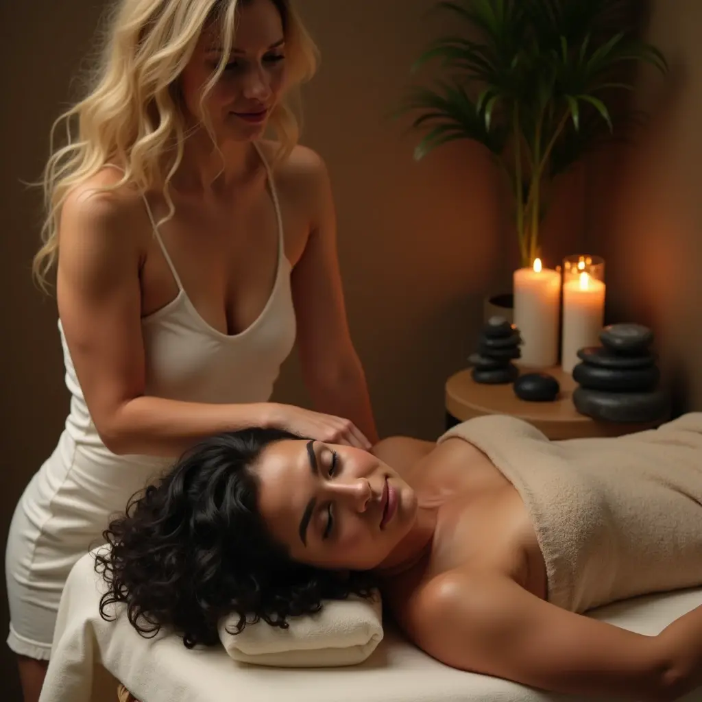 realistic photo of a blonde girl giving massage to a (pretty girl, 20 years old, brunette, black eyes) at neck, (full lips) , ((perfect face)), [[mild smile]], proportionate body,mixed herritage, beautyfull, beautyfull face, tanned skin, two arms, two legs, five fingers by hand, full body, (softly curly black long hair), Blonde girl giving massage to softly curly brunette, non-broken, neck massage, brunette flat on massage table and blonde stand up, cosy massage studio, candles, stones
