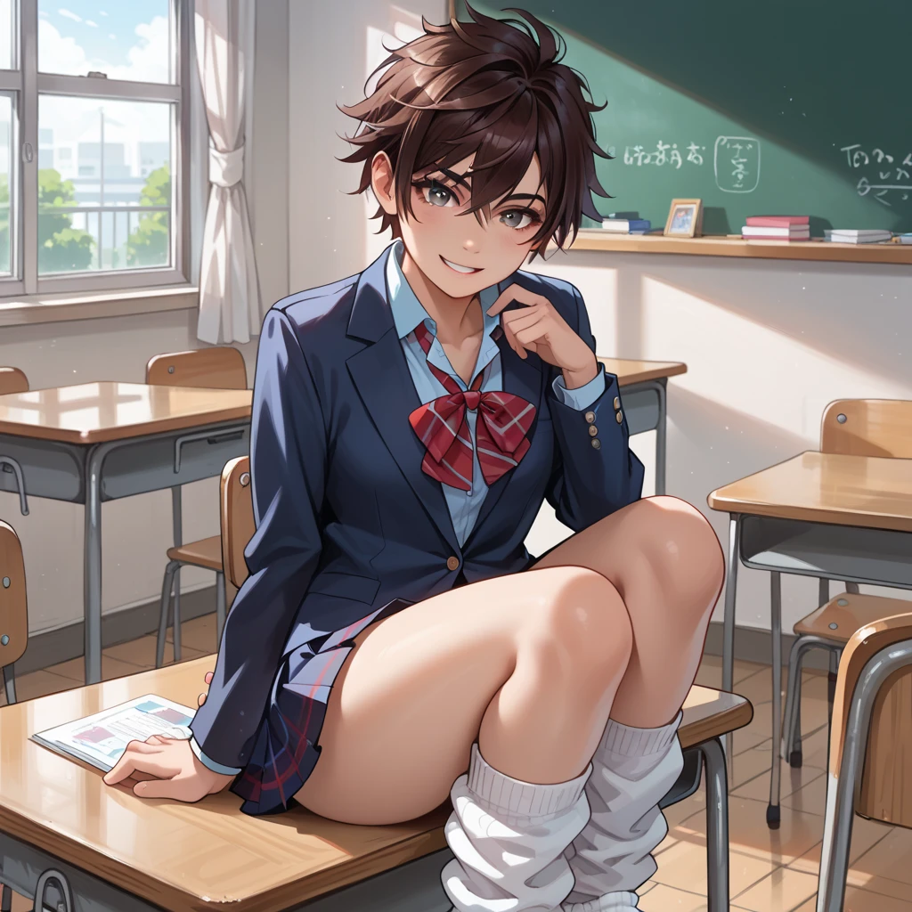 top-quality、Super Detail、front of view、、((wearing school uniform)),(detailed panties showing)、You can see up to the feet、skinny thigh、perfect hand、perfect foot、Perfect body、Sexy Shots, Photorealsitic, 8K、The lateral chest is visible、、Ordinary chest、Beautiful body lines、being thin、short hair、Skin revealing,,((plaid miniskirt)),,((plaid ribon,plaid bow)),in classroom,,,(((showing race panties))),,wavy short and Brown hair,makeup,((blazer style uniform)),lying down on the desk,detailed panties,cute panties,(spreading legs open wide with knees bent,creating the shape of the letter M)