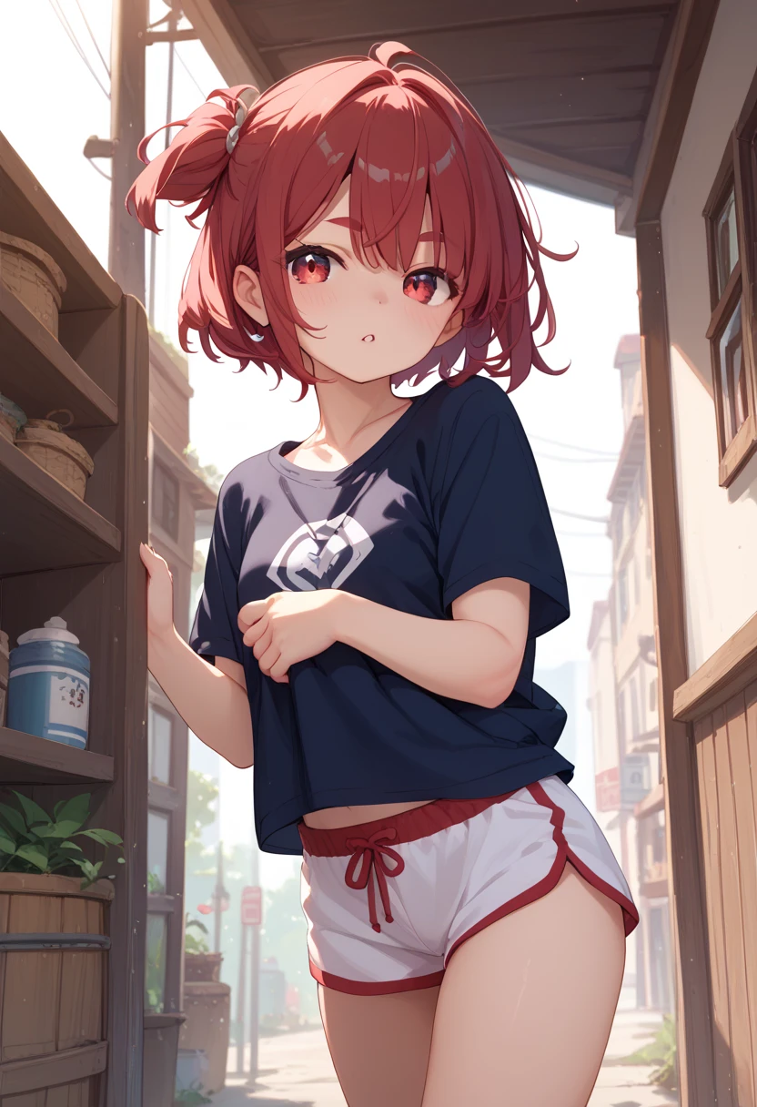(1 year old girl) red hair, exposed print panties low rise panties, tight panties, flat chest, toddler lifting skirt, school