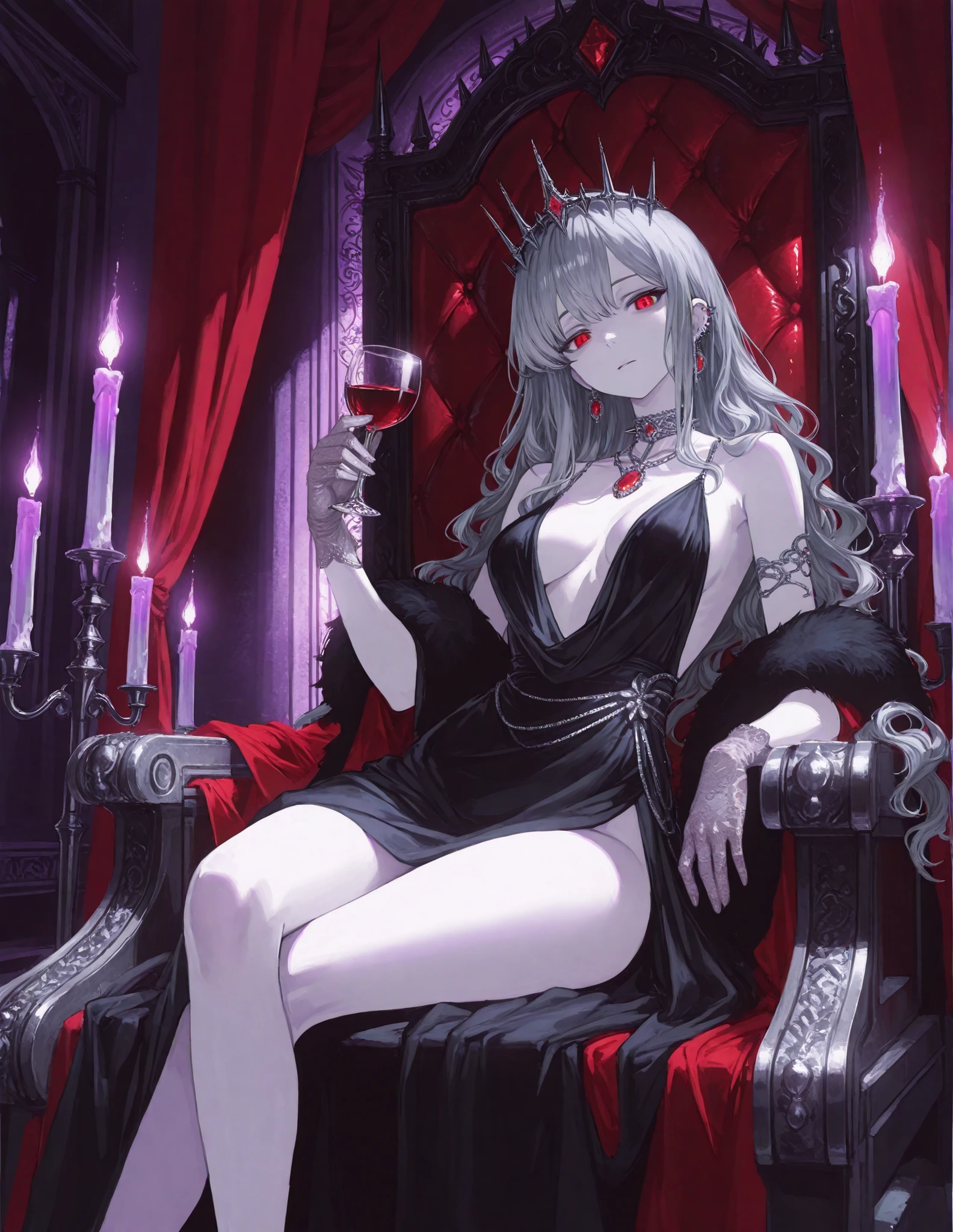 1 girl in chainsaw man style, long wavy hair, light pink hair, hair with blue tips, multicoloured, light blue eyes, black gown, (big boobies),sitting on a red throne, holding a glass of wine with a small smile,tiara on head with diamonds, wristbands,red royal cloak