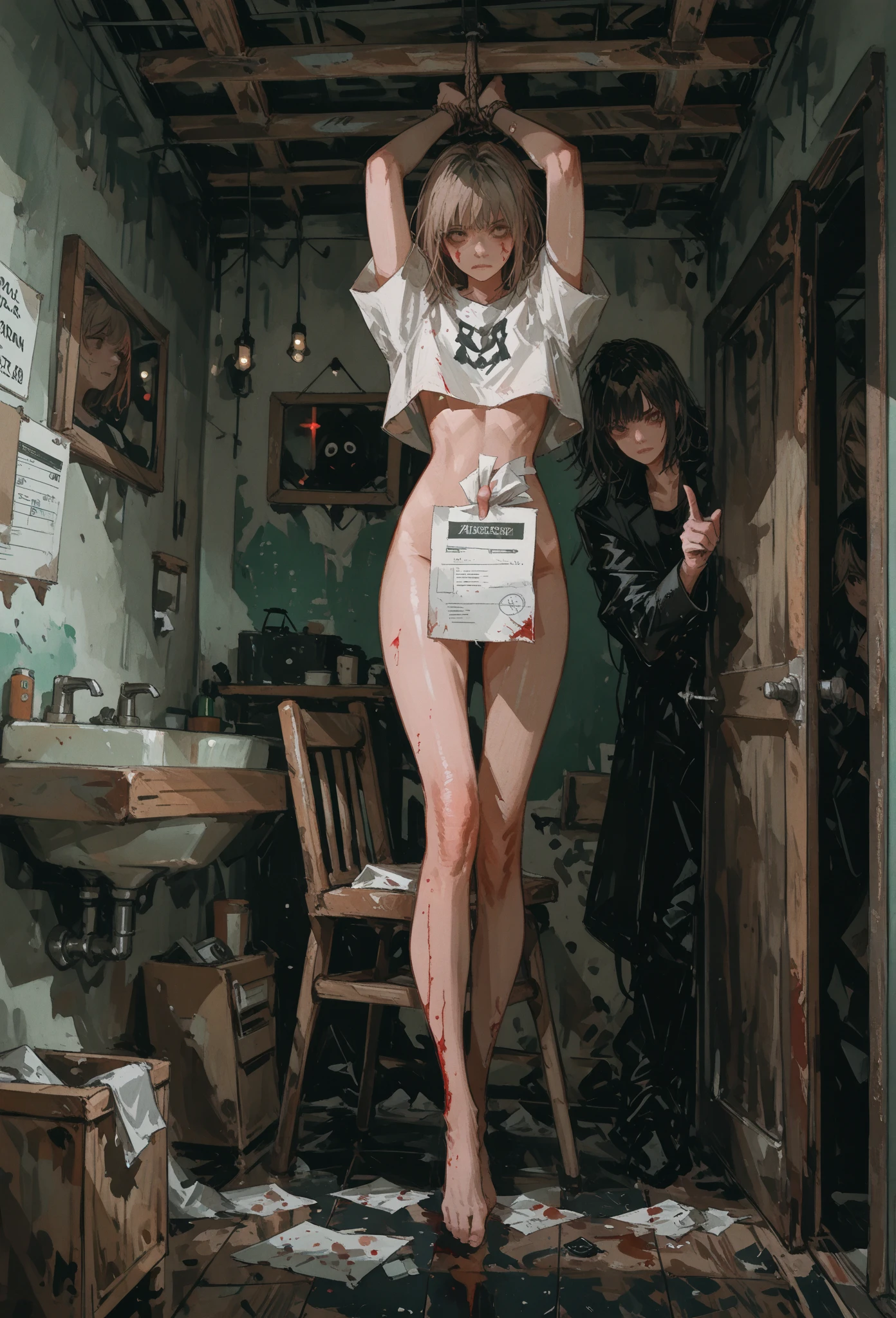 dystopian style, 1 girl, troops, War, Apocalypse, to throw, to throw hands, assisted exposure, pulled by another, lifted by another, undressing another, grabbing, traction, to throw de la ropa hasta dejarla desnuda, good pull, shirt puller, White skin, tickling in the navel,  raped, handcuffed, punishment, Cold weather. ((((naked, unclothed, without thong, Sin blaze, no panties))))