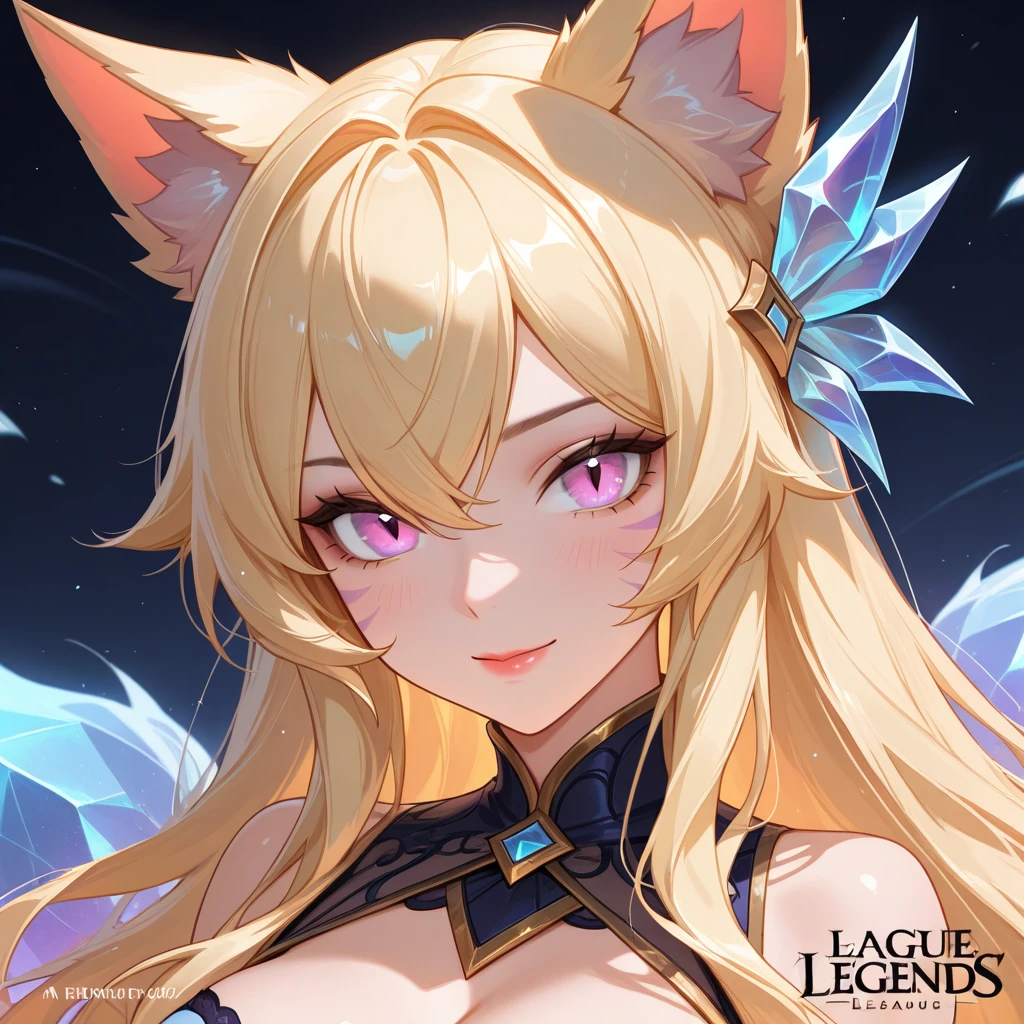 blonde long hair, blue eyes, smiling, beautiful detailed eyes, beautiful detailed lips, extremely detailed face, 1girl, animal ears, fox ears, kitsune, digital painting, highly detailed, intricate details, cinematic lighting, vibrant colors, Anime, 8k, best quality, (masterpiece:1.2)
