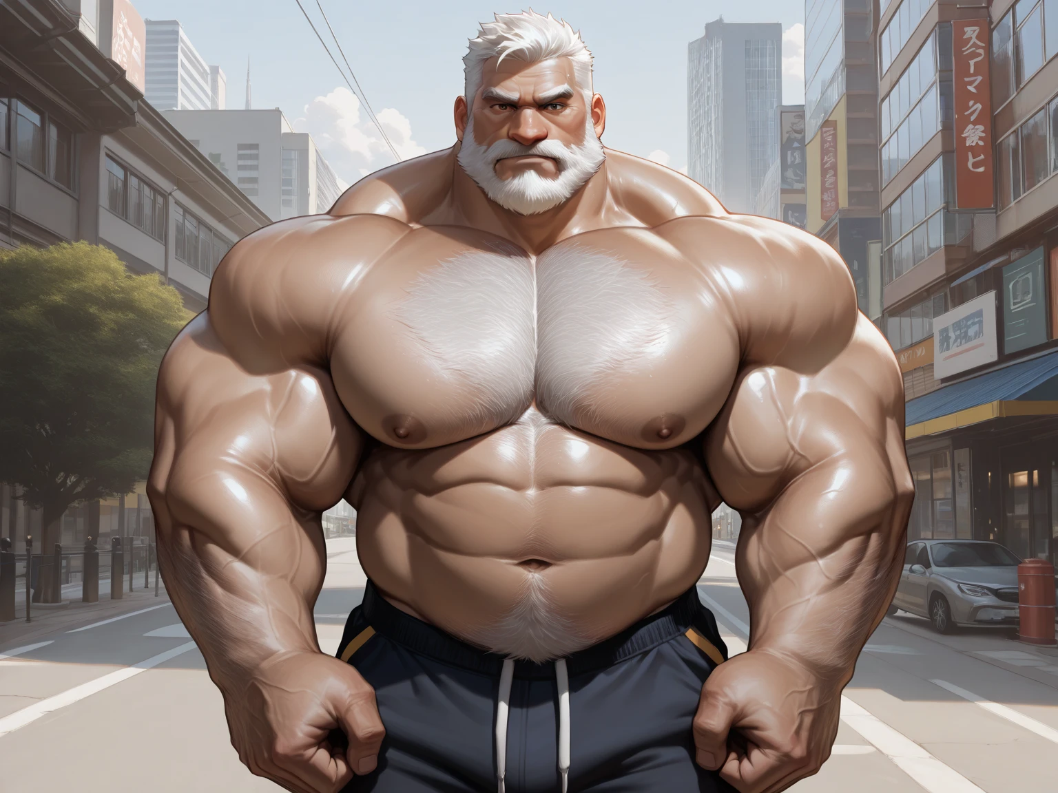 a muscular old man with a thick mustache and beardless, no beards, wearing a tanktop, muscular, standing in a city background, (best quality,4k,8k,highres,masterpiece:1.2),ultra-detailed,,detailed wrinkles,detailed facial features,detailed texture, half body, halfbody