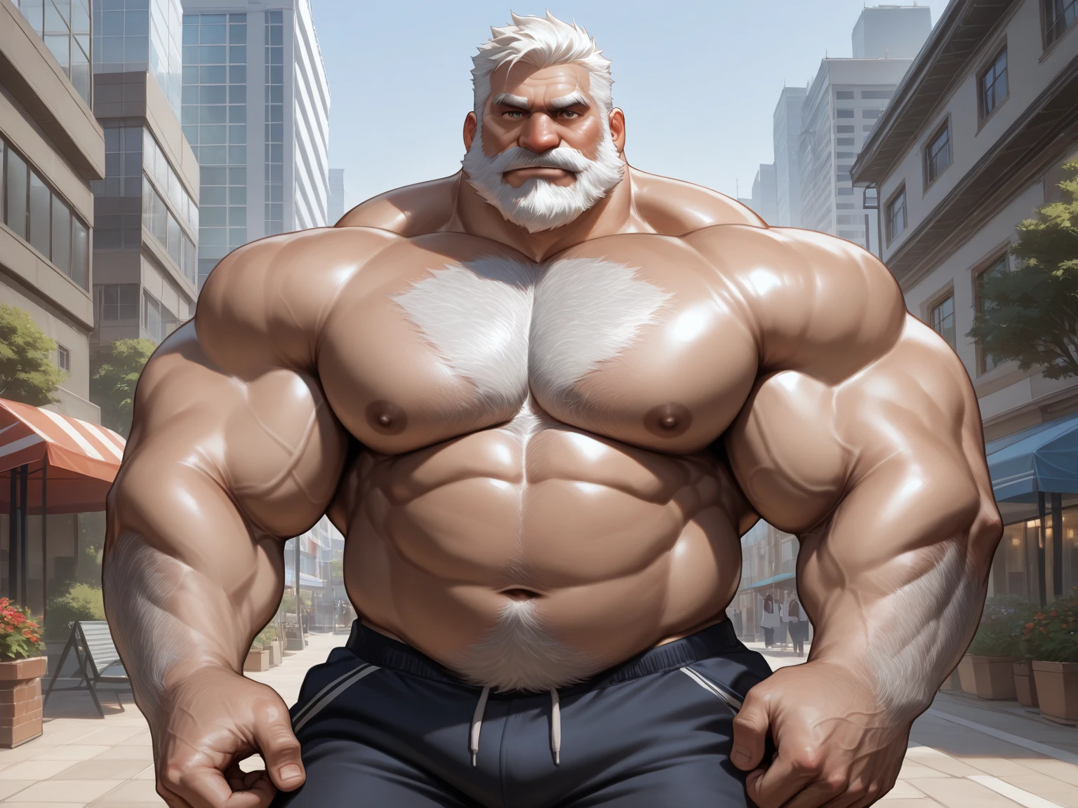 full shots, ground level camera shot, wearing harness, (best quality,4k,8k,highres,masterpiece:1.2),ultra-detailed,(realistic,photorealistic,photo-realistic:1.37),((massive muscular)) ((huge Muscular)) old man standing wearing harness, simple background, shorts , white hair, super thick arms, super big pectoral, super wide pectoral, topless, shirtless.