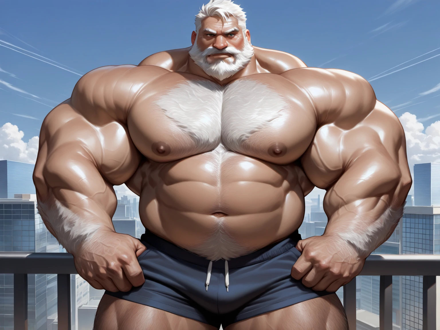 Hyperrealistic image of an extremely old and very sweaty gray-haired bodybuilder superhero over 80 years old, very muscular and fat, more than 200 kilos, with bare torso, large and flaccid pectorals, brown nipples and big gray mustaches with huge tattooed arms posing on stage at a bodybuilding tournament wearing a silver thong